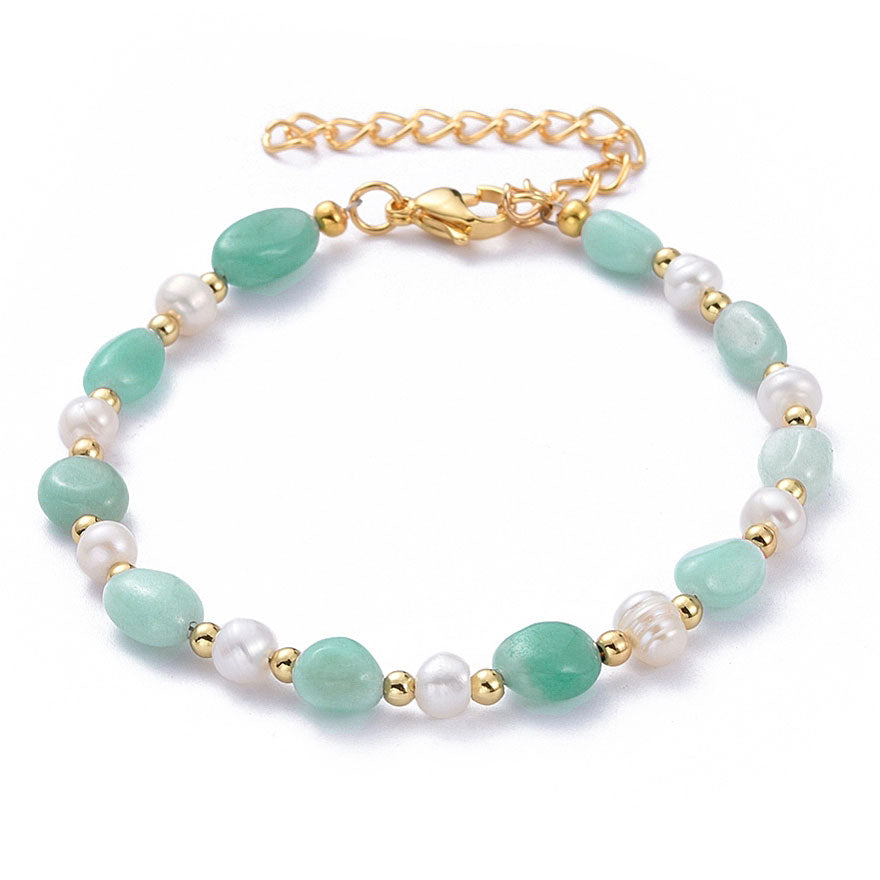 Wit zoetwater parel armband met groene edelsteen amazoniet en goud edelstaal | Amazonite Pearl Gold