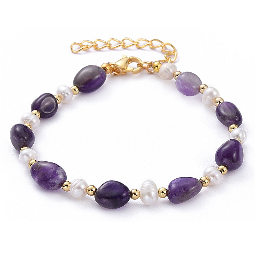 Wit zoetwater parel armband met paarse edelsteen amethist en goud edelstaal | Amethyst Pearl Gold