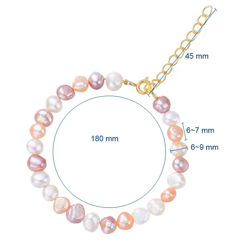 Zoetwater parel armband met witte, roze en zalm kleurige parels met goud edelstaal, maatindicatie | Aza