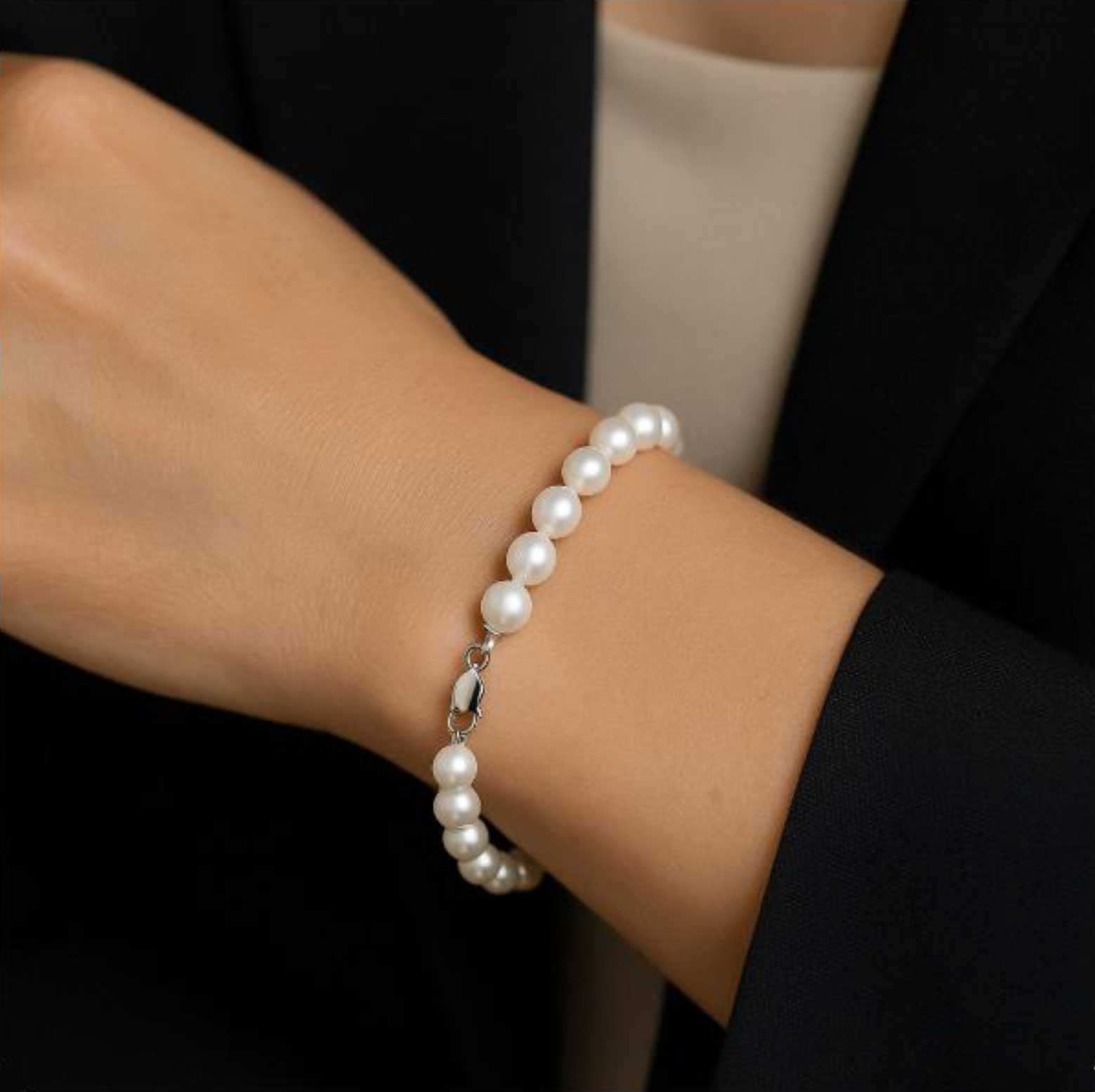 Wit handgeknoopte parel armband met witte parels en sterling zilver (925) | armband Bella