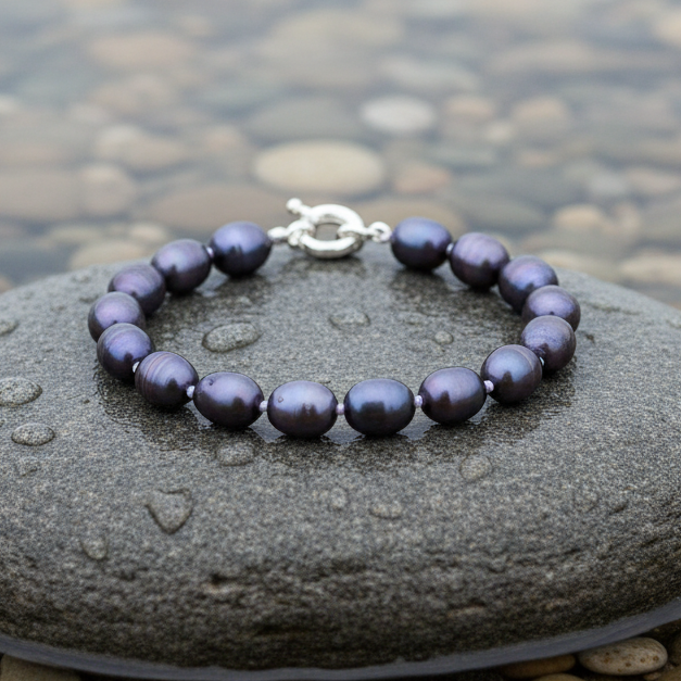 Blauw zwarte zoetwater parel armband, handgeknoopt liggend op natte steen | Berra