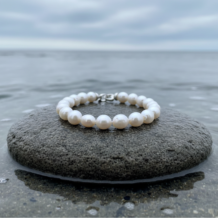 Handgeknoopt parel armband met witte parels liggend op steen | Parel armband Big Round pearl