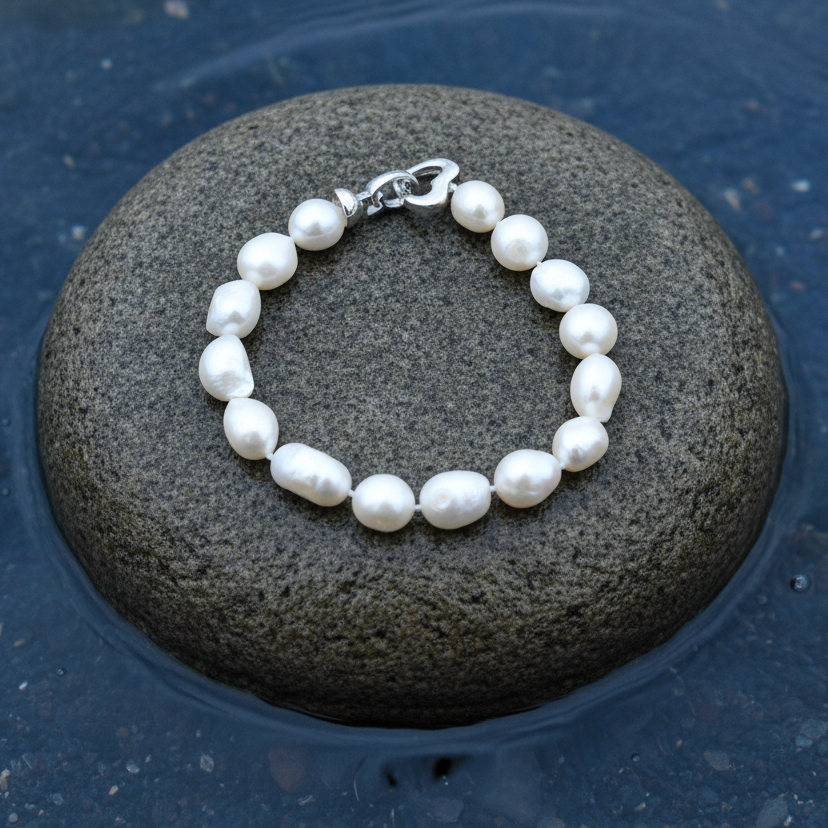Handgeknoopt parel armband met witte parels liggend op steen in het water | Parel armband Big Round pearl