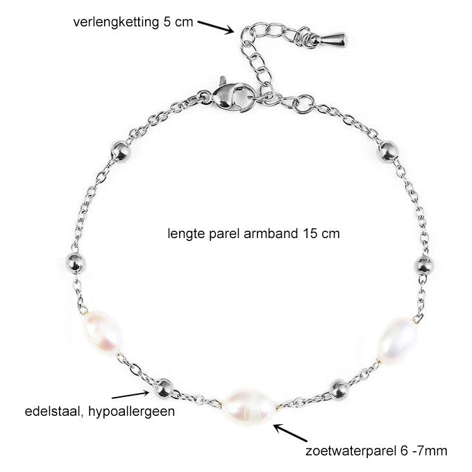 Maten van wit zoetwater parel armband met zilver edelstaal | Parel armband Eline Zilver