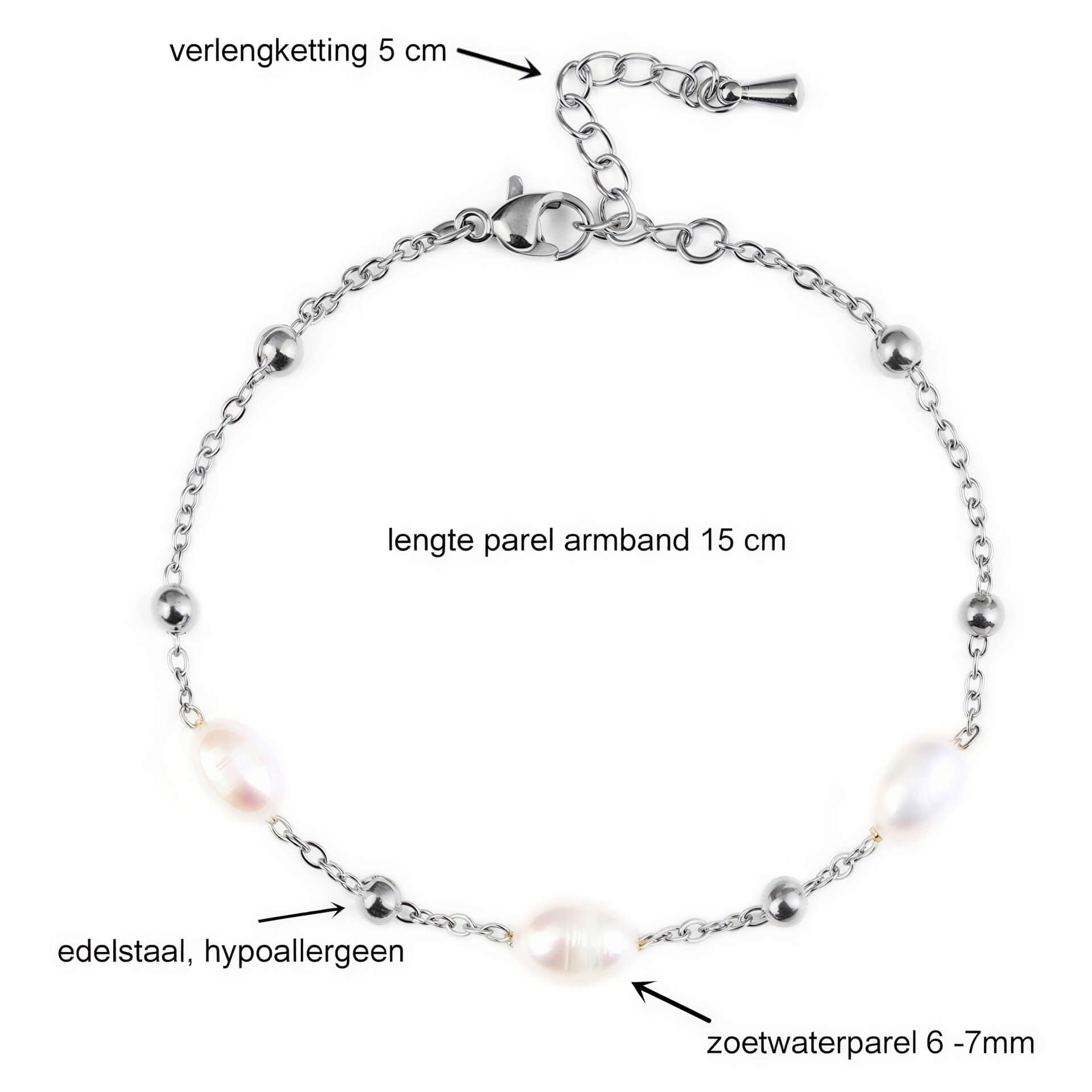Maten van wit zoetwater parel armband met zilver edelstaal | Parel armband Eline Zilver