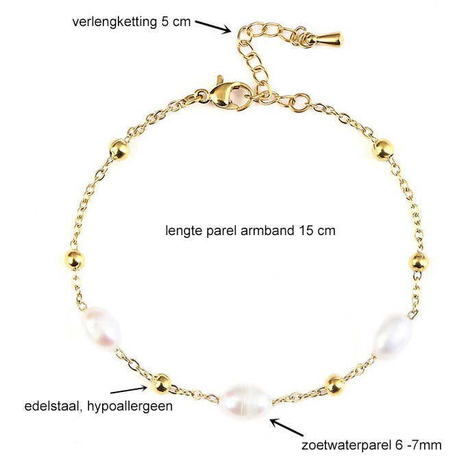 Maten van wit zoetwater parel armband met goud edelstaal | Parel armband Eline Goud