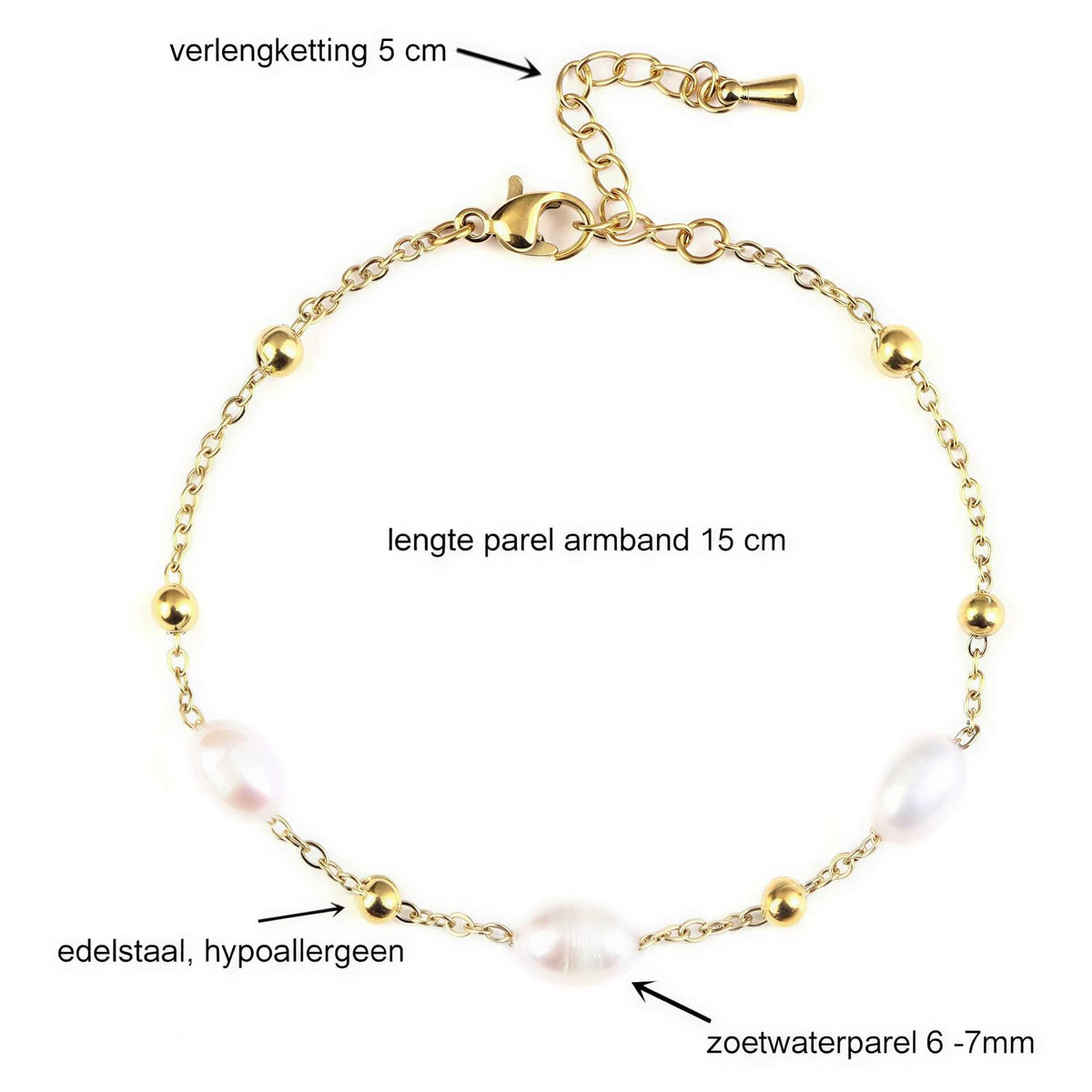 Maten van wit zoetwater parel armband met goud edelstaal | Parel armband Eline Goud