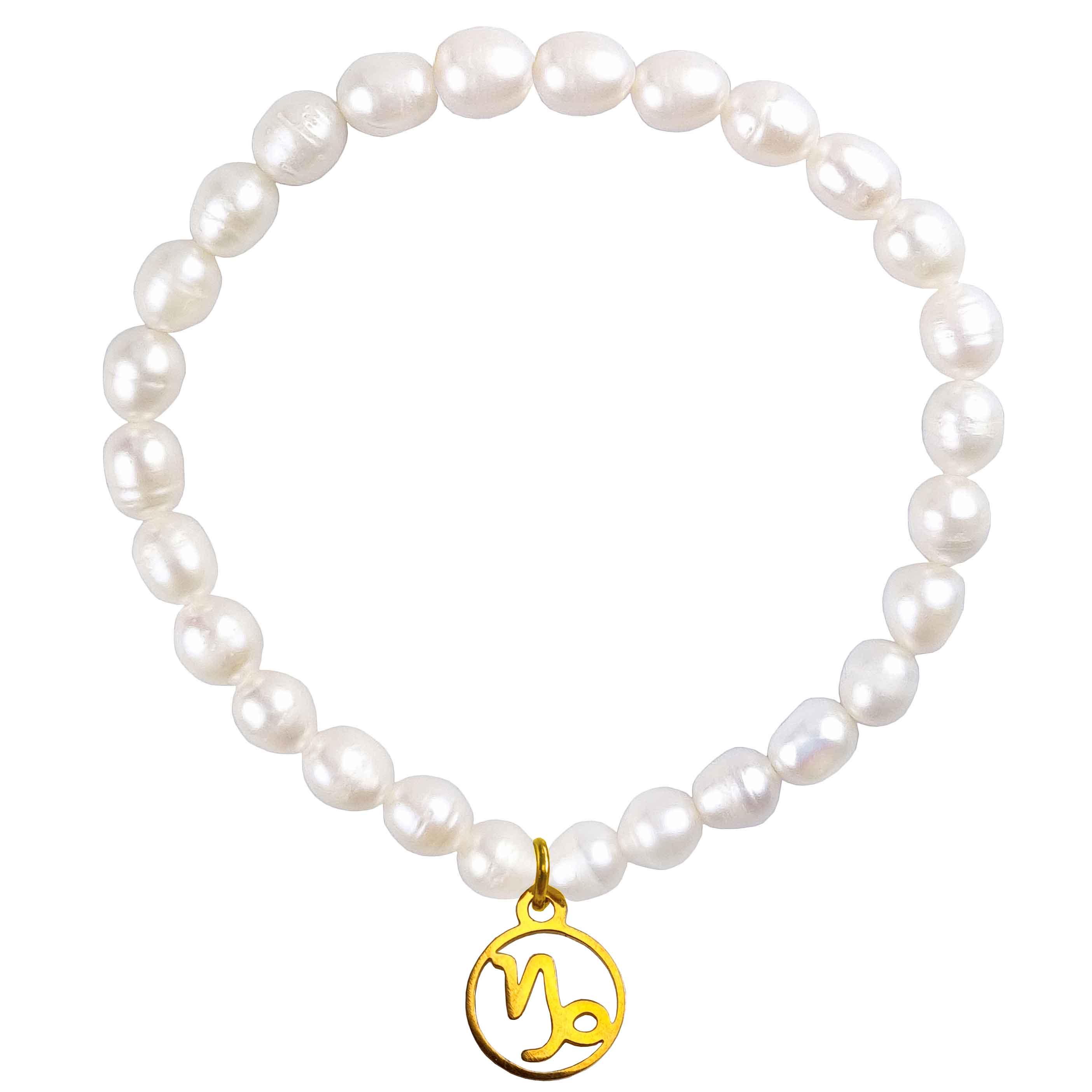 Wit parel armband met gouden edelstalen symbool sterrenbeeld steenbok | Parel armband Gouden Sterrenbeeld Steenbok