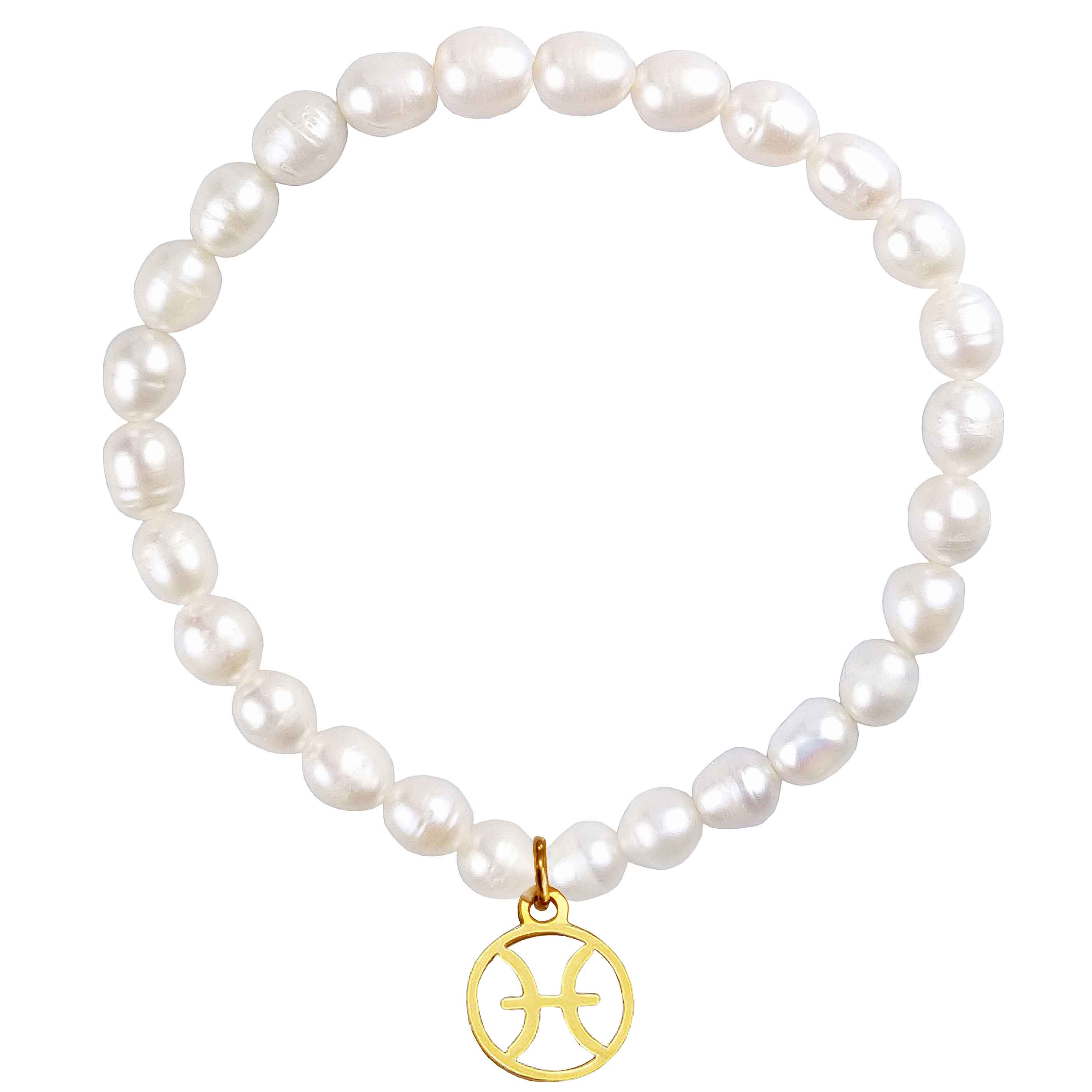 Wit zoetwater parel armband met goud edelstalen symbool sterrenbeeld Vissen | Parel armband Gouden Sterrenbeeld Vissen
