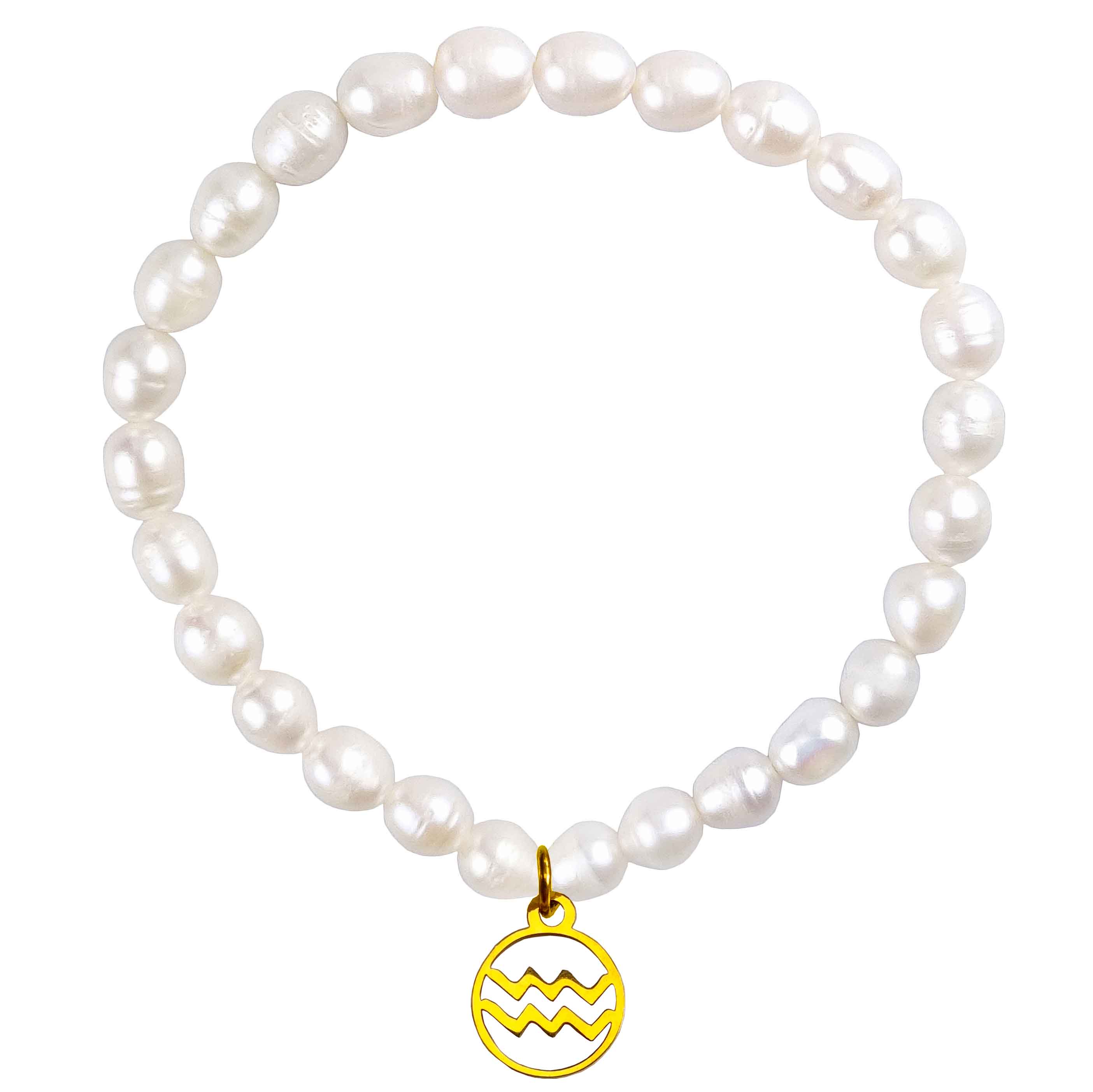 Wit zoetwater parel armband met goud edelstalen symbool van sterrenbeeld Waterman | Parel armband Gouden sterrenbeeld Waterman