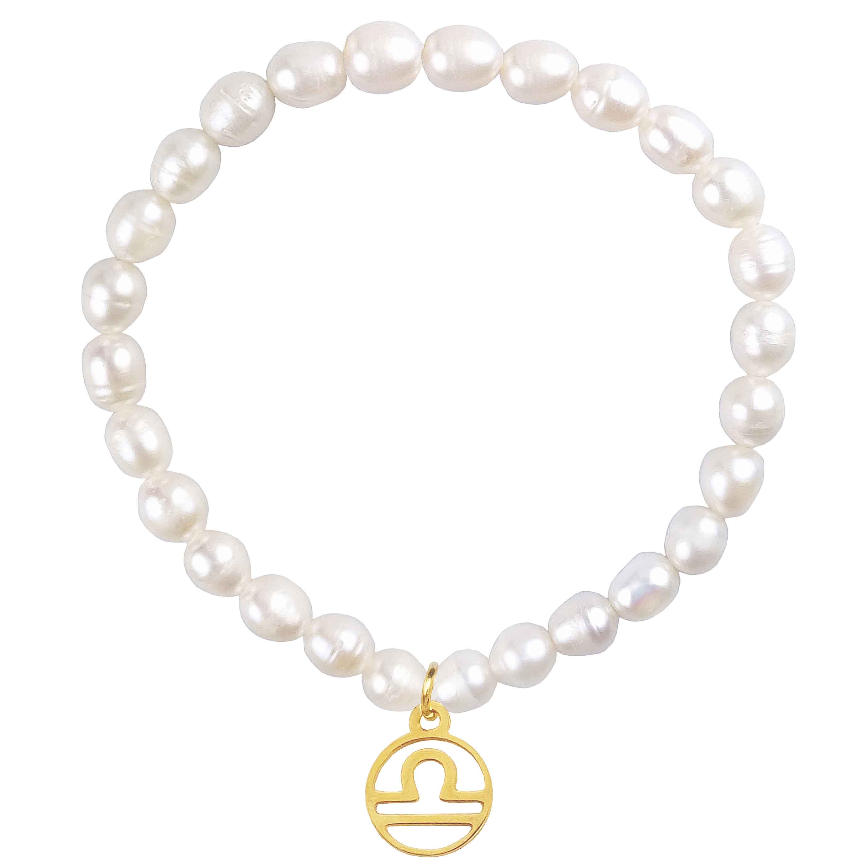 Wit zoetwater parel armband met goud edelstalen symbool van sterrenbeeld Weegschaal | Armband Gouden Sterrenbeeld Weegschaal