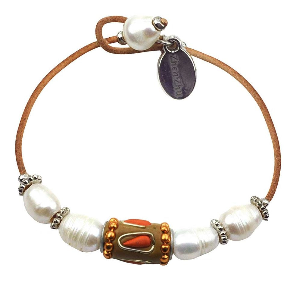Wit zoetwater parel armband met leer | Ibiza Orange