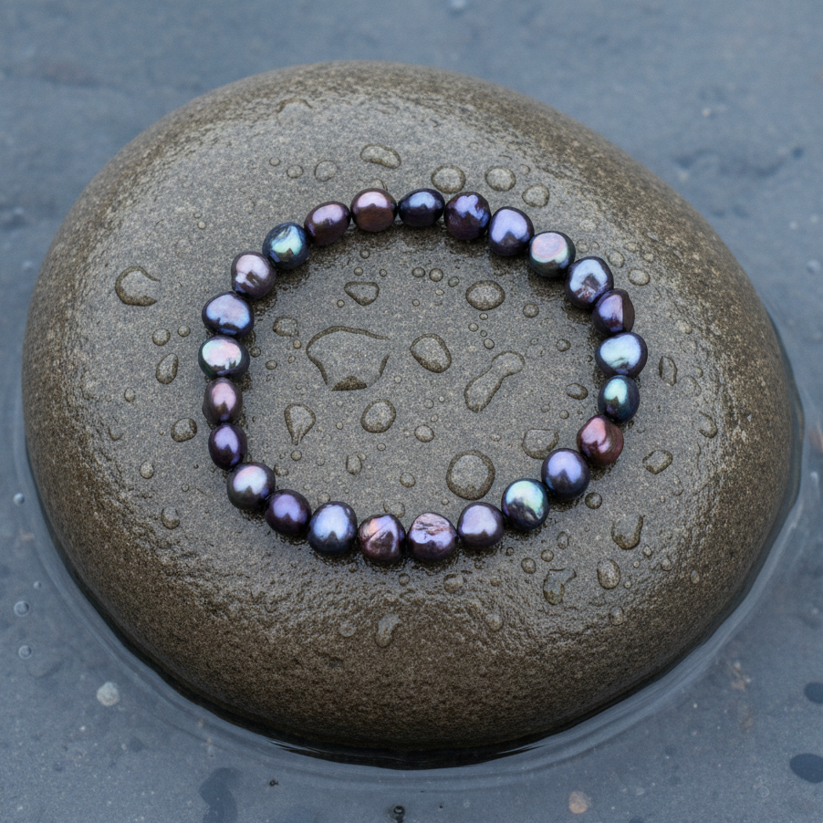 Zoetwater parel armband met paars blauwe parels, elastisch liggend op steen | set Peaca