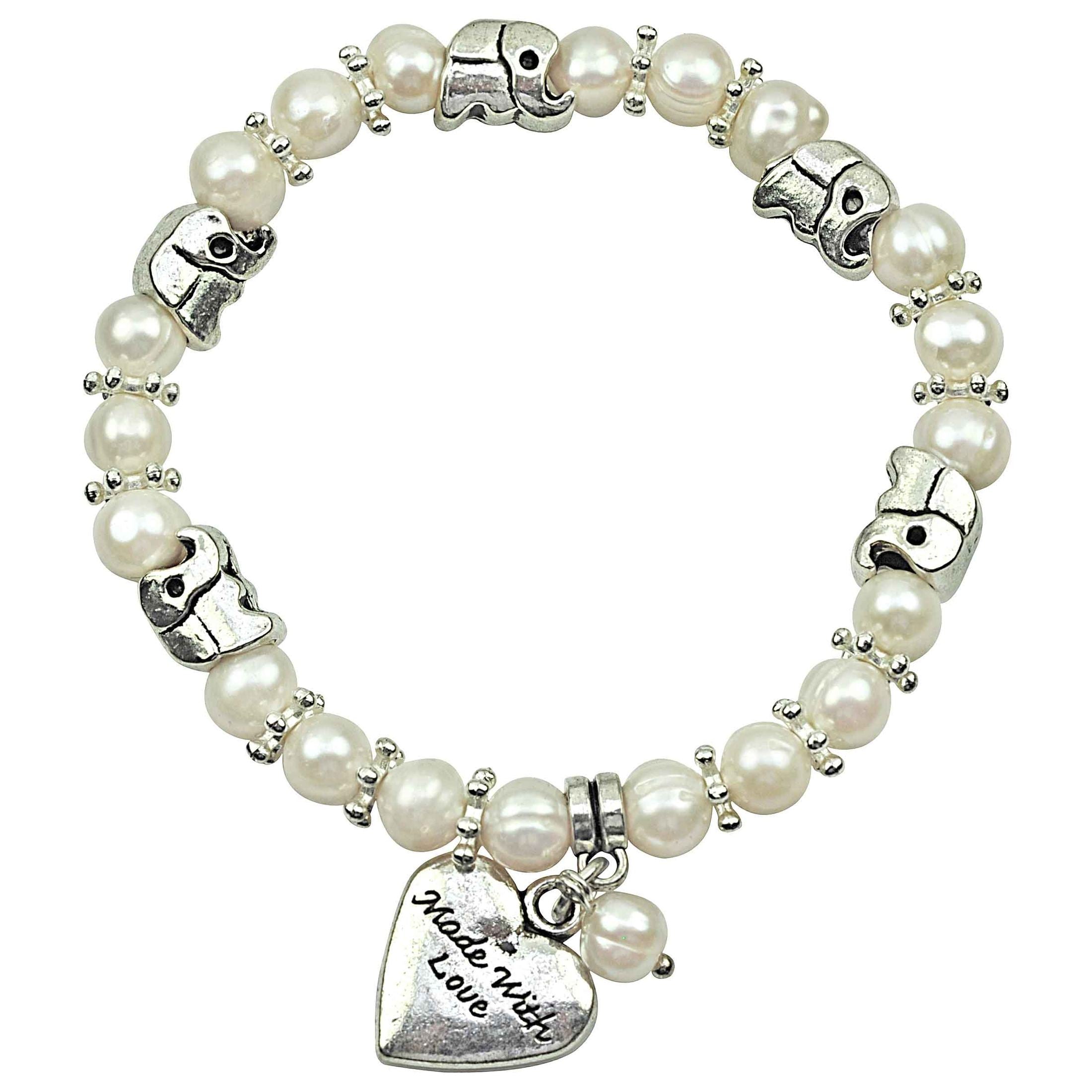 Wit zoetwater parel armband met hartjes bedeltje en zilveren olifantjes | Pearl Elephant Heart