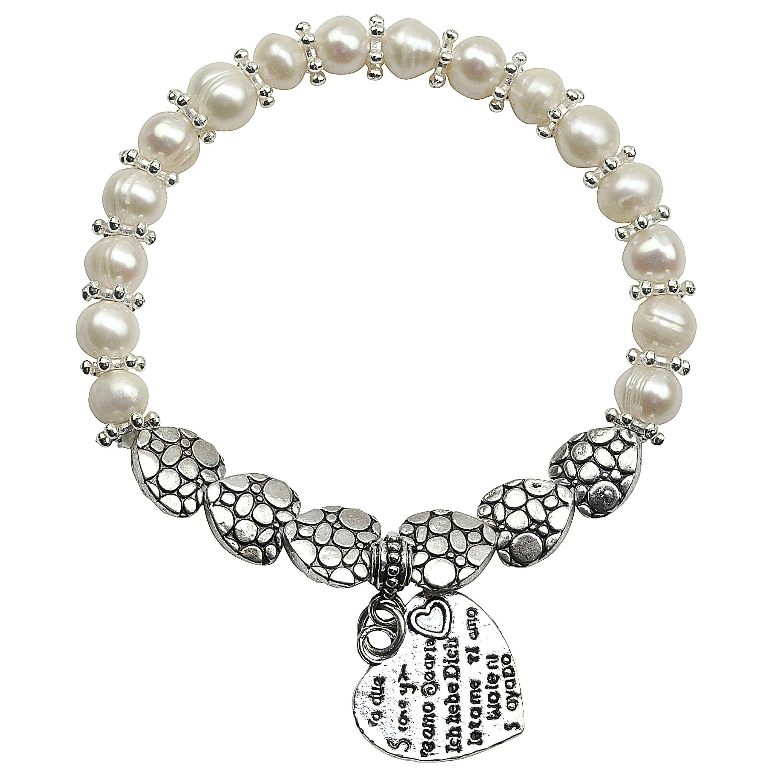 Wit zoetwater parel armband met zilveren hartjes, elastisch | Pearl Hearts