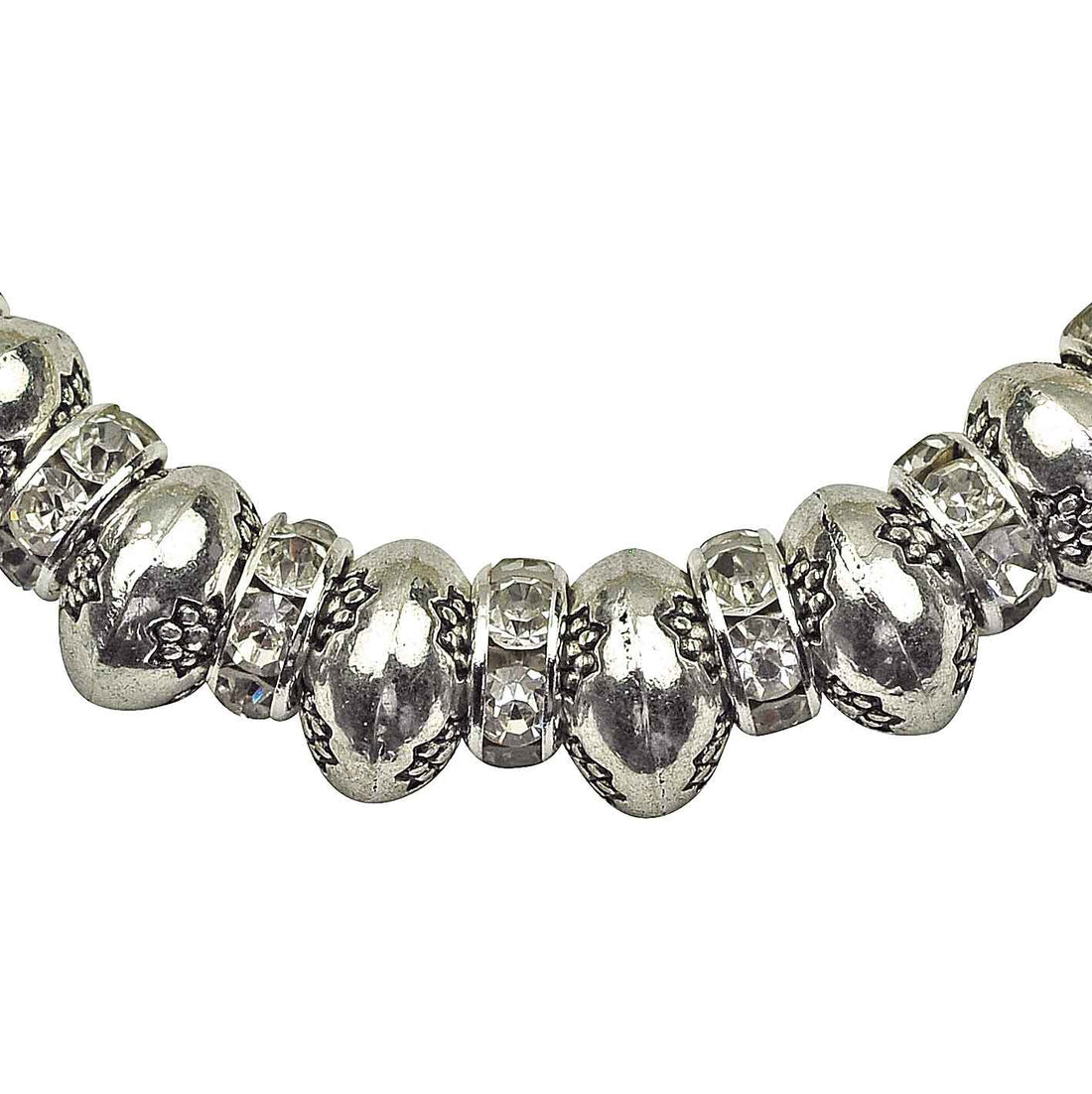 Detail van wit zoetwater parel armband met stras steentjes, elastisch | Pearl King Small