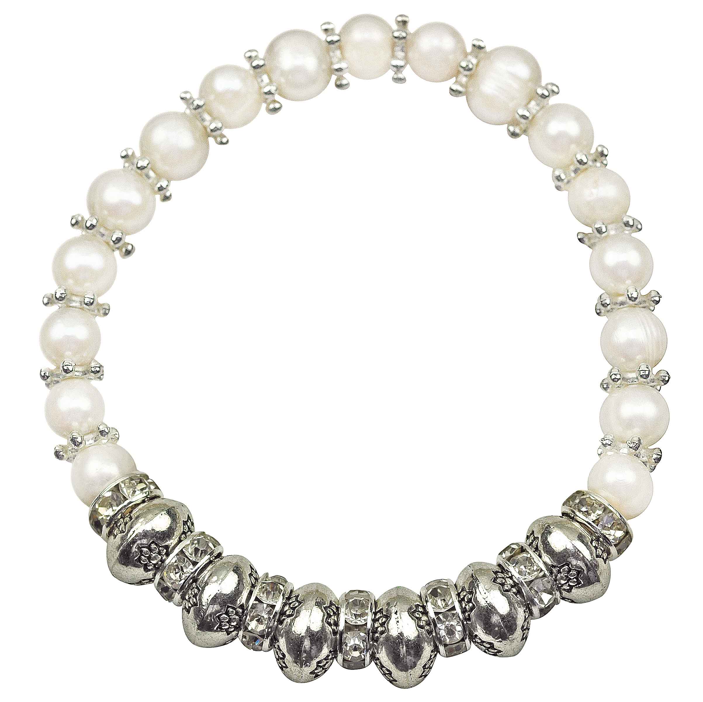 Wit zoetwater parel armband met stras steentjes, elastisch | Pearl King Small