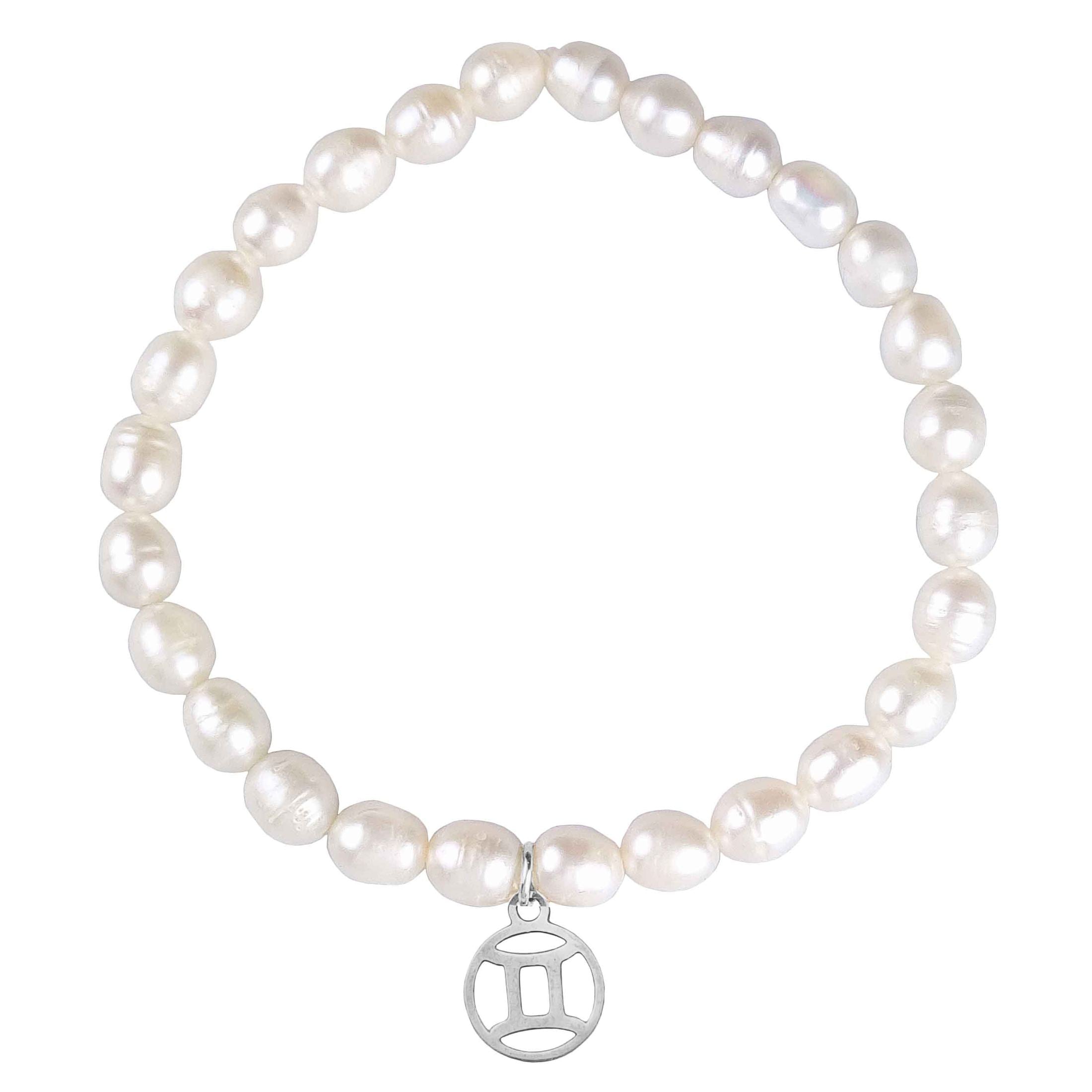 Wit zoetwater parel armband met zilver edelstalen symbool van sterrenbeeld Tweeling | Zilveren Sterrenbeeld Tweeling