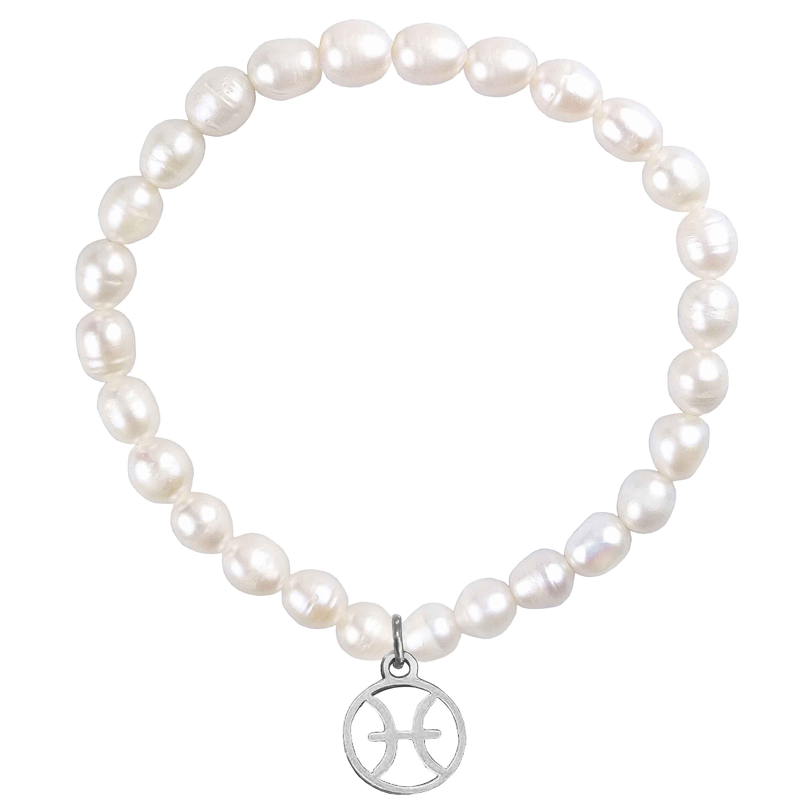 Wit zoetwater parel armband met zilver edelstalen symbool van sterrenbeeld Vissen | Parel armband Zilveren Sterrenbeeld Vissen