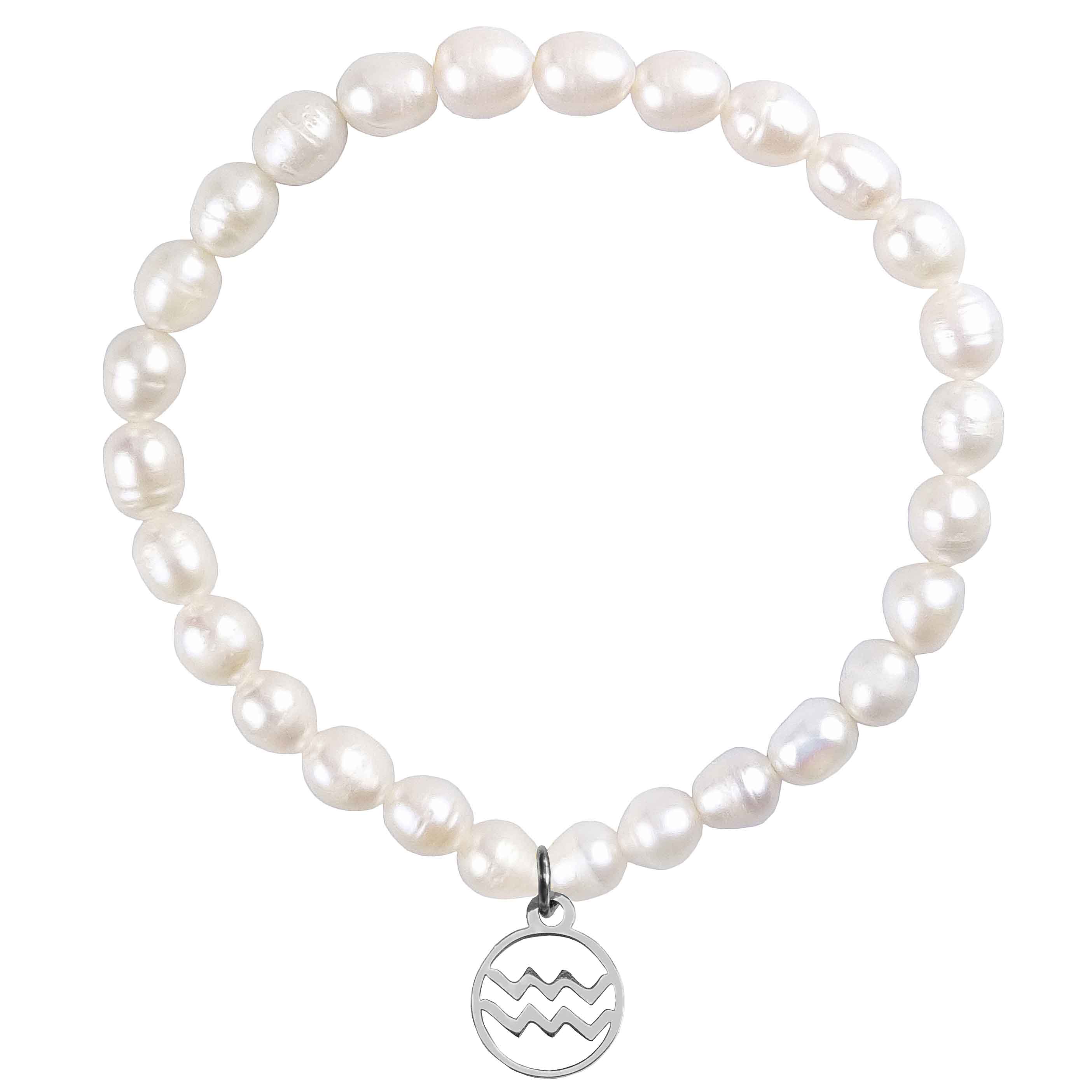 Wit zoetwater parel armband met zilver edelstalen symbool van sterrenbeeld Waterman | Parel armband Zilveren sterrenbeeld Waterman