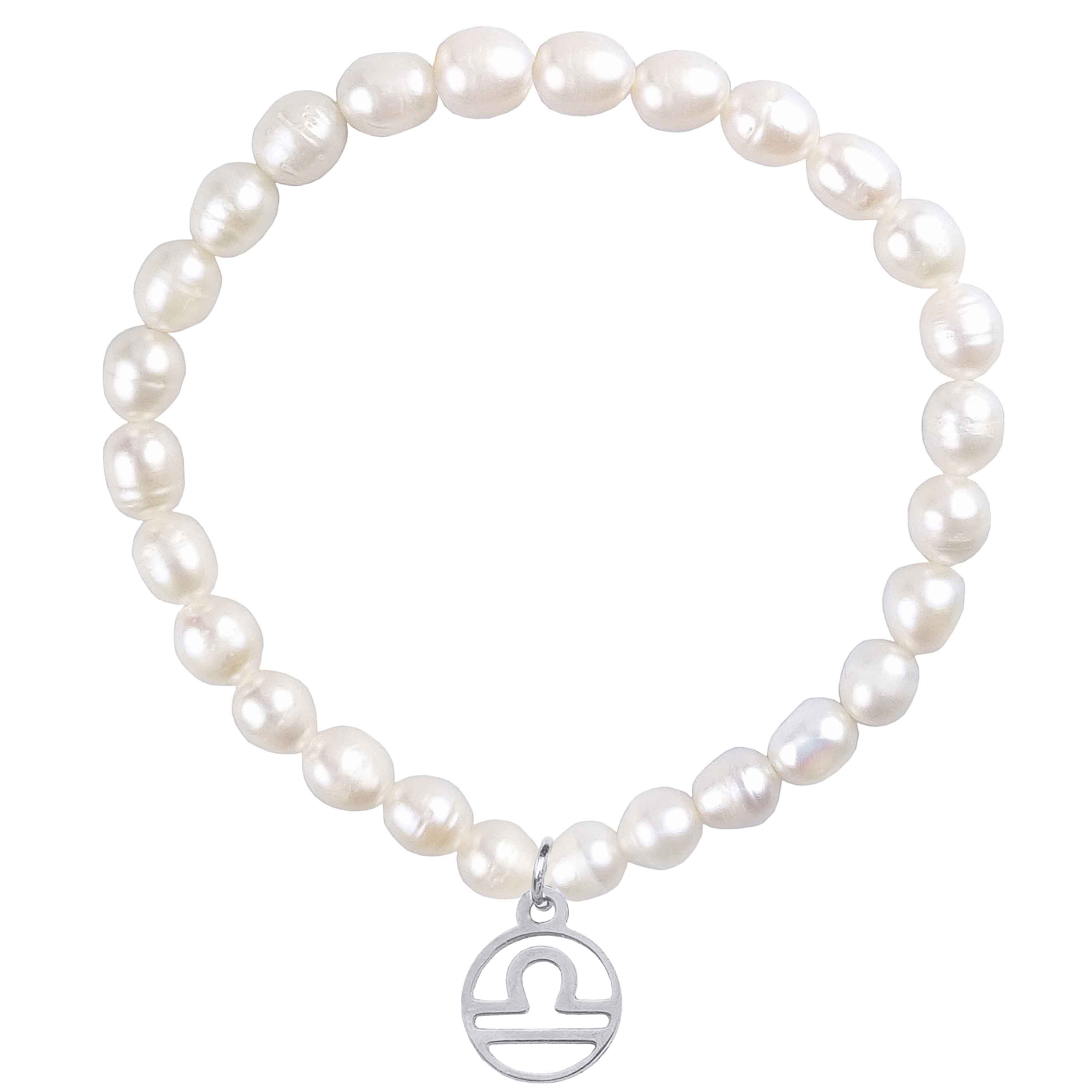 Wit zoetwater parel armband met zilver edelstalen symbool van sterrenbeeld Weegschaal | Armband Zilveren Sterrenbeeld Weegschaal