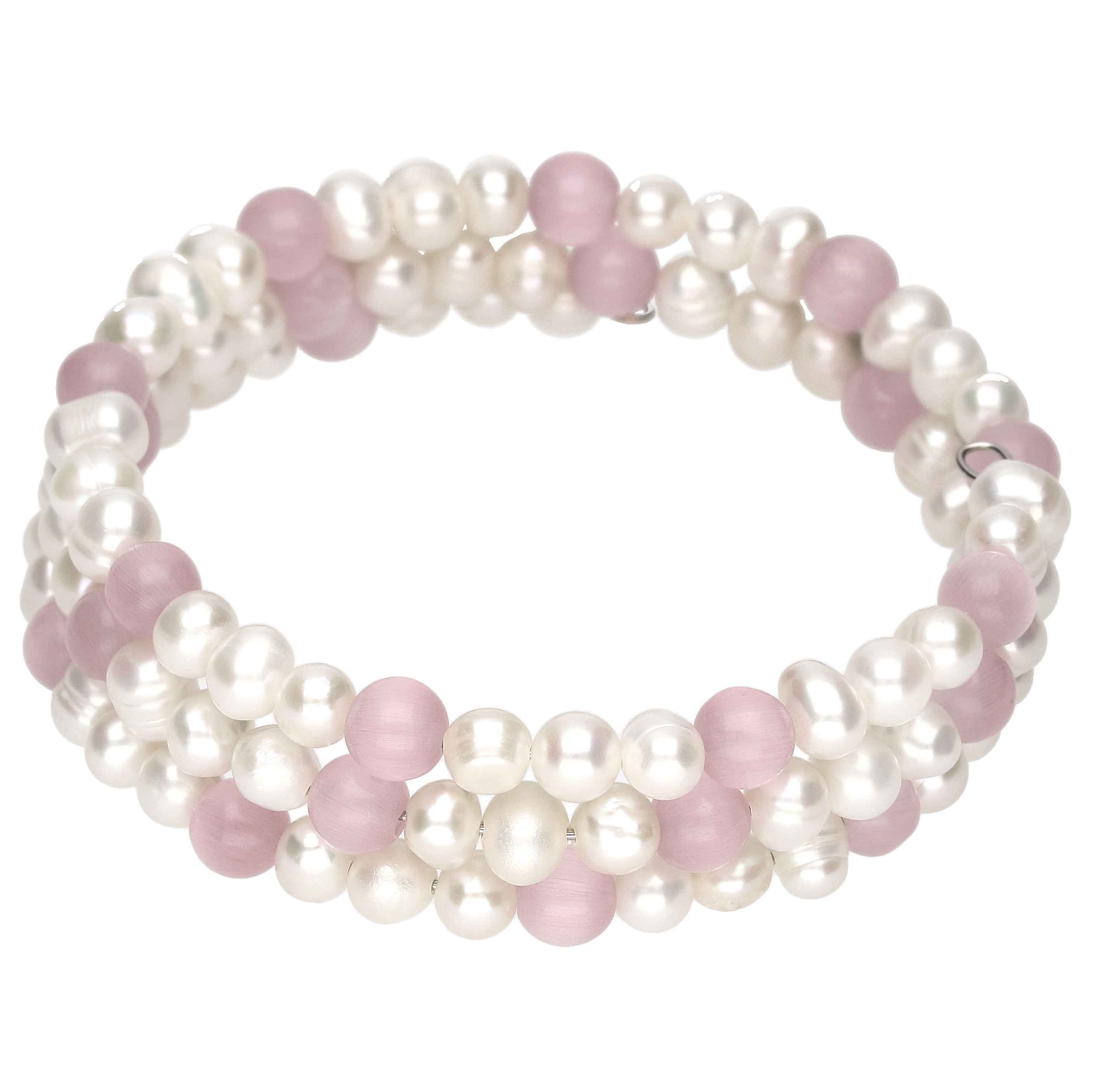 Wit zoetwater parel wikkelarmband met roze edelsteen kattenoog | Pearl Pink Cat&