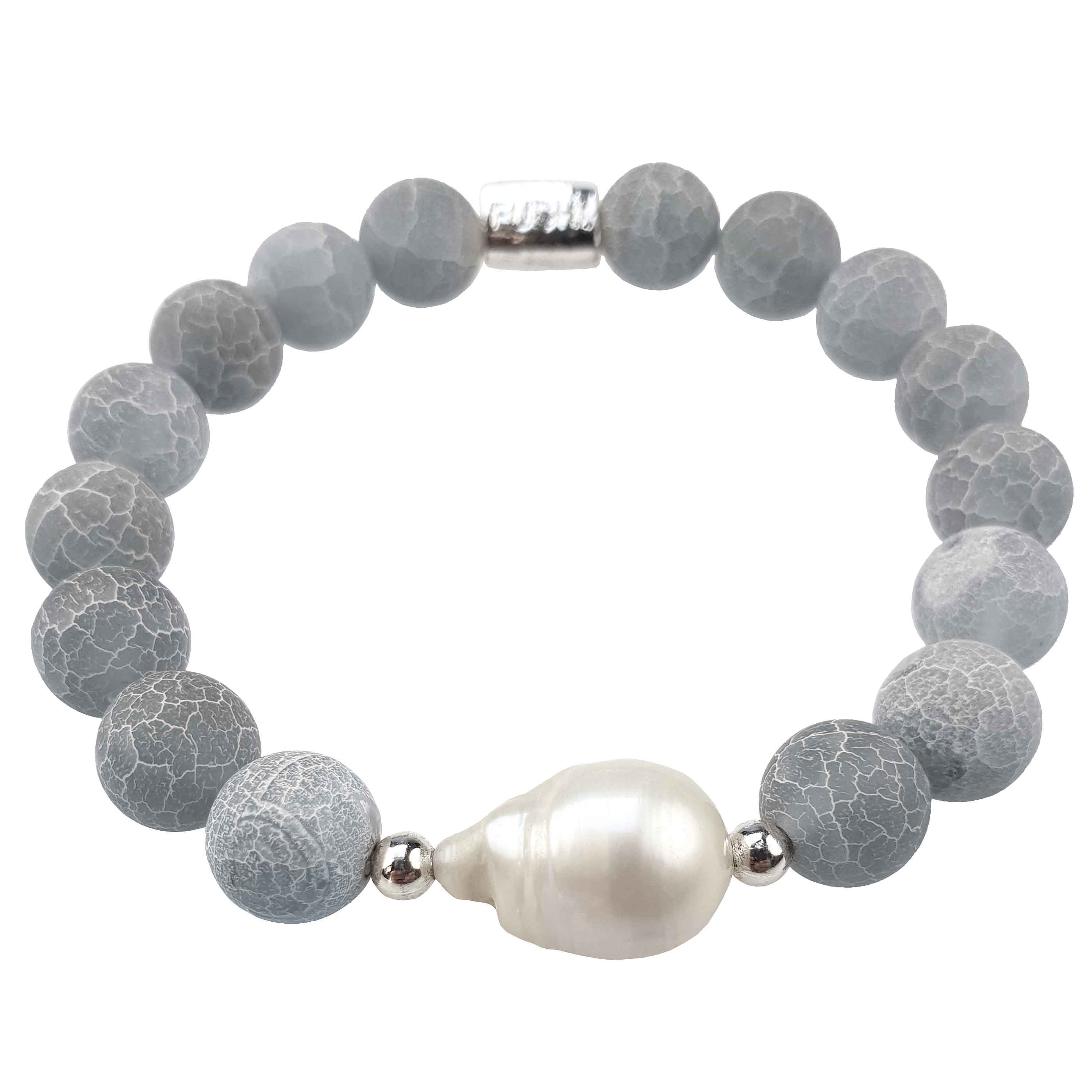 Zoetwater parel armband met witte parel en grijze edelsteen agaat, elastisch zijaanzicht | Frozen Grey Agate White Pearl