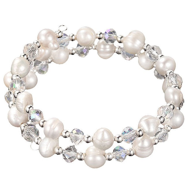 Zoetwater parel wikkel armband met witte parels en helder glas kristallen | Wrap Pearl White Crystal
