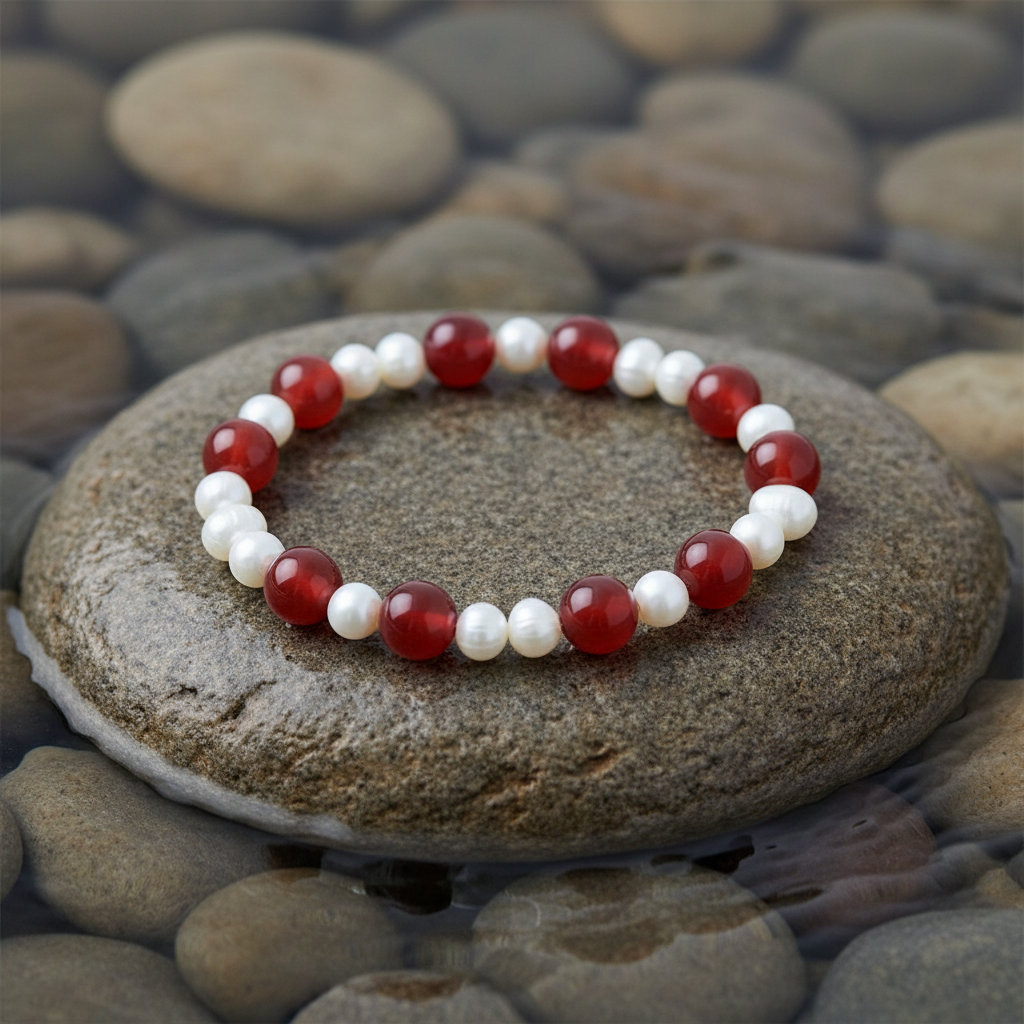 Wit zoetwater parel armband met rode agaat liggend op steen in water, elastisch | Pearl Red Agate