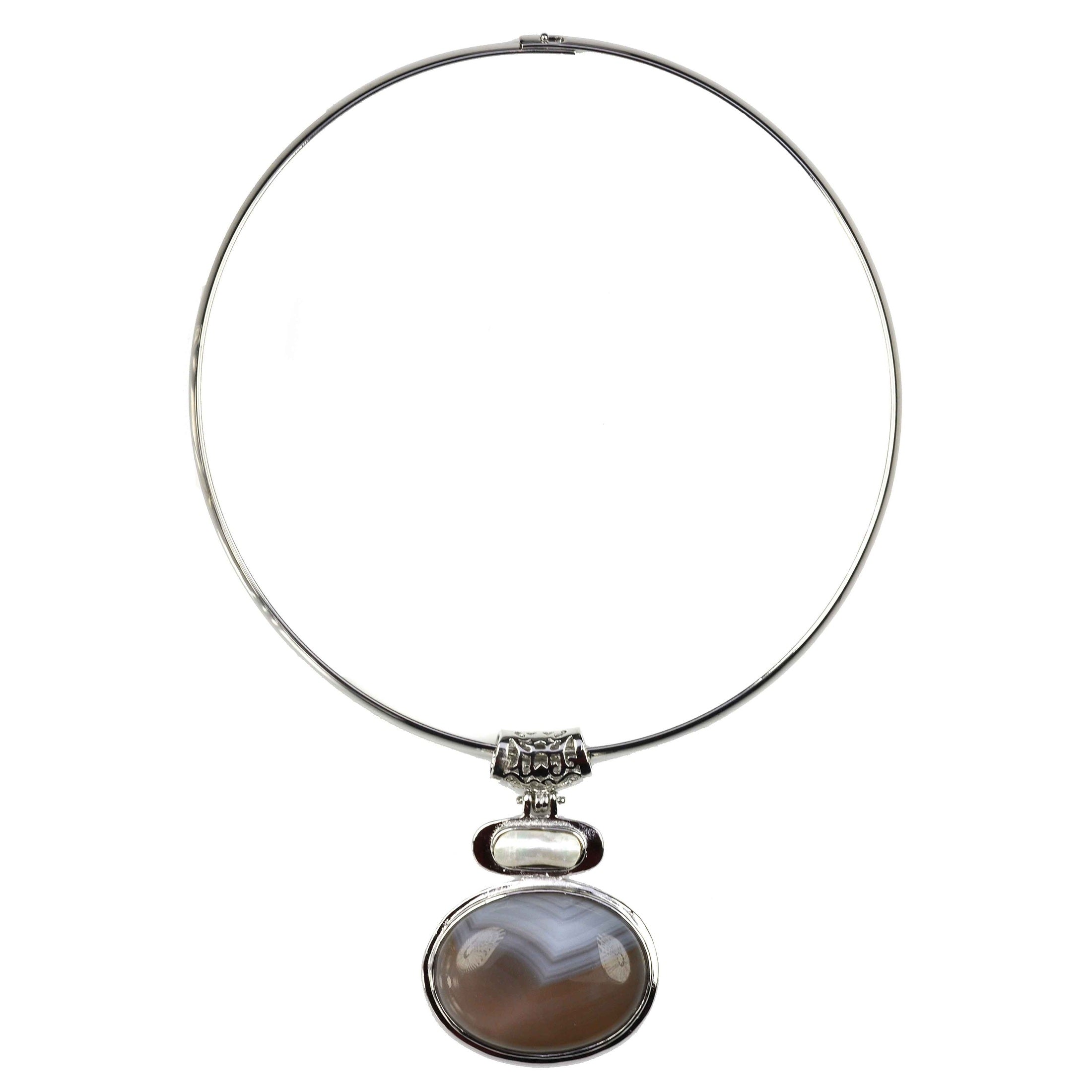 Witte zoetwater parelketting met grijze edelstenen hanger | Biwa Nature Agate
