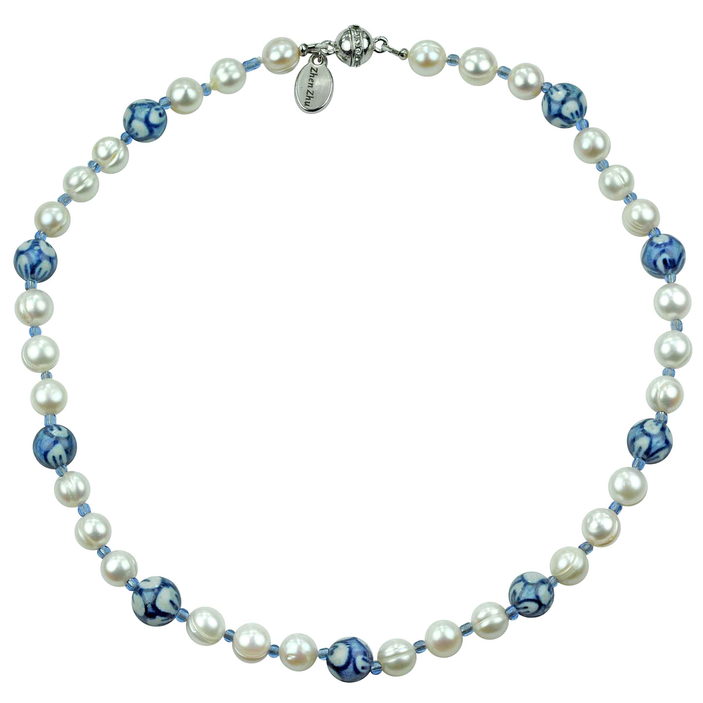 Zoetwater parelketting met witte parels, kralen met Delfts blauw motief en magneetslotje | Hollands Glorie Round Flower White