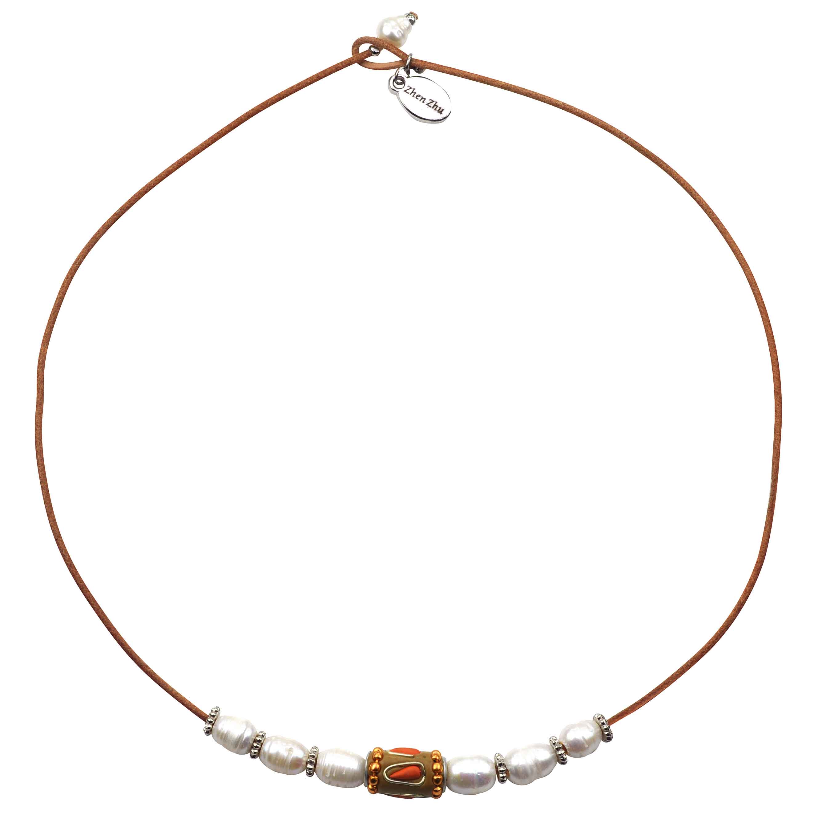 Zoetwater parelketting met echte parels en leer | Parelketting Ibiza Orange