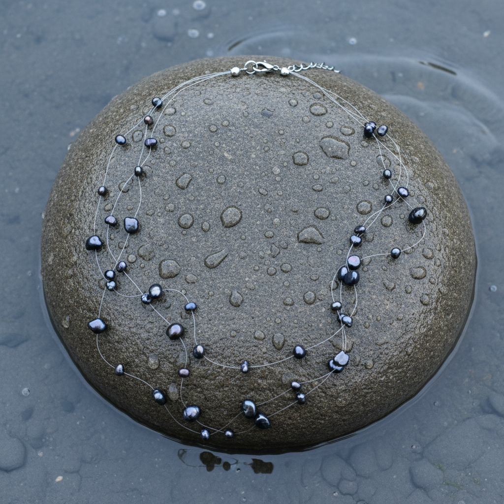 Zoetwater parelketting met zwart blauwe parels in 3 rijen en sterling zilver (925) liggend op natte steen | Jill B