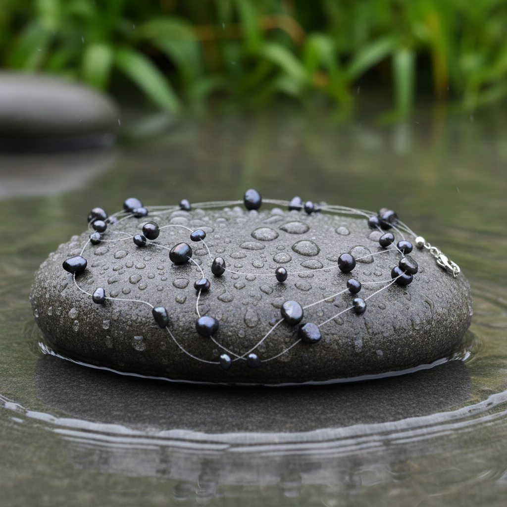 Zoetwater parelketting met zwart blauwe parels in 3 rijen en sterling zilver (925) liggend op steen | Jill B