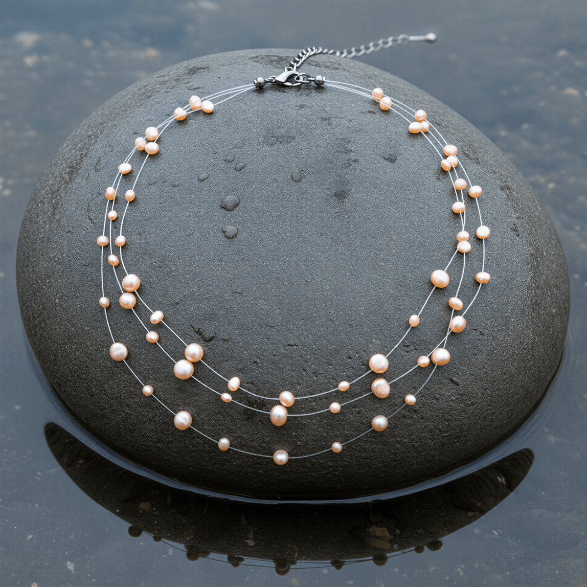 Zoetwater parelketting met zalm kleurige parels in 3 rijen en sterling zilveren slotje (925) liggend op steen in water | Jill Z