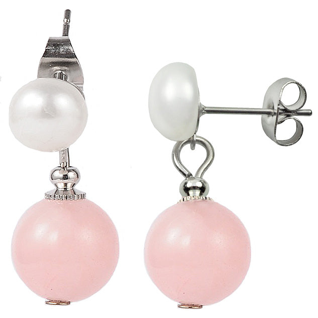 Zoetwater parel oorbellen met witte parel met rozenkwarts voor en zijaanzicht | Pearl Stud Rose Quartz