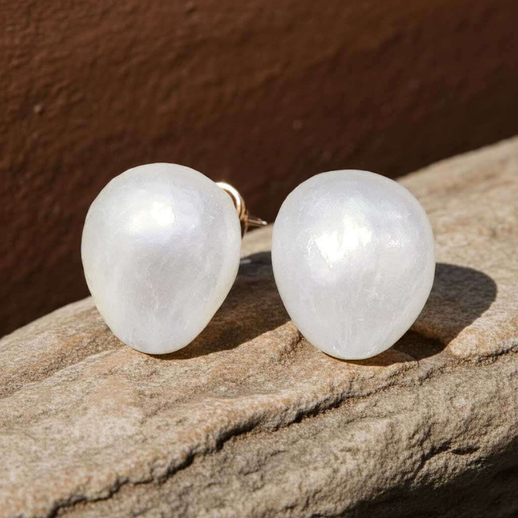 Witte barok parel oorbellen met sterling zilveren oorstekers, grote witte zoetwater parel oorknoppen met sterling zilver (925) liggend op schuine steen | Small White Baroque Pearl