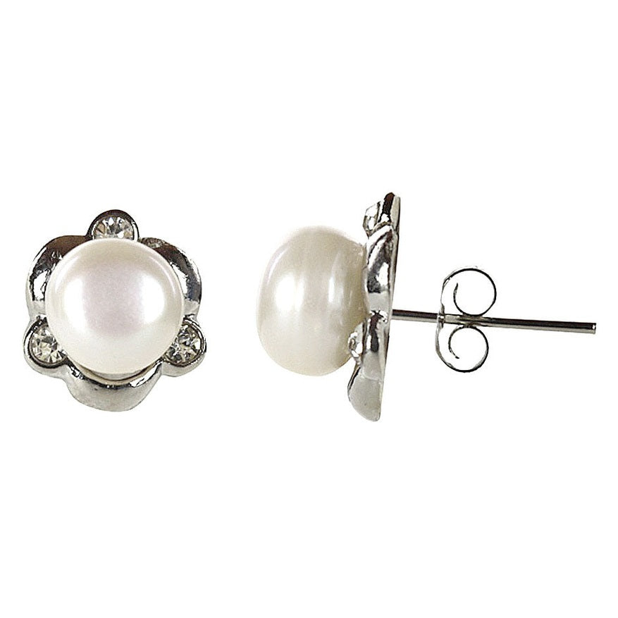 Witte zoetwater parel oorknoppen met stras steentjes voor en zijaanzicht| Arleen