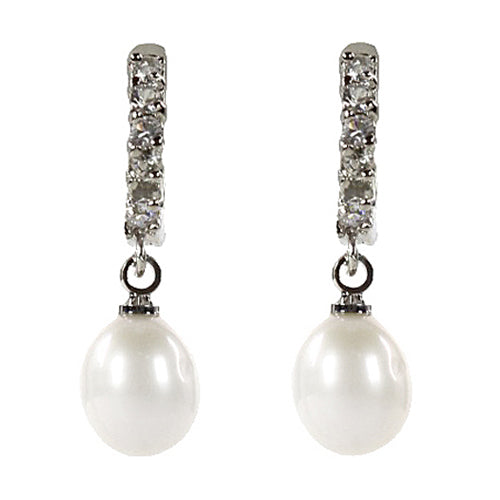 Witte zoetwater parel oorringen met stras steentjes, vooraanzicht | Bante