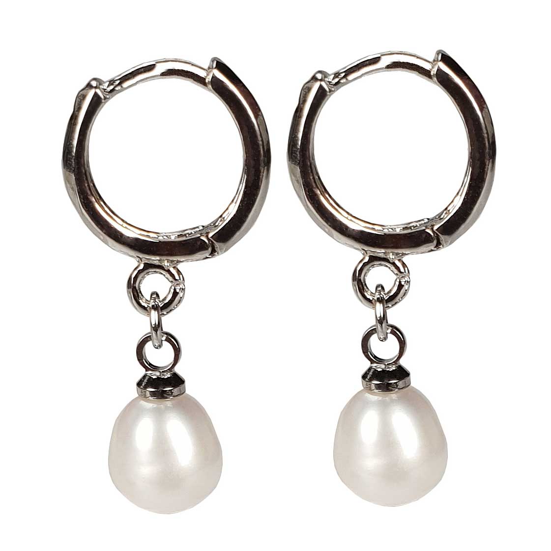 Witte zoetwater parel oorringen met witte parel en zilver edelstaal zijaanzicht | Cadeau set met zoetwater parel oorbellen Bente