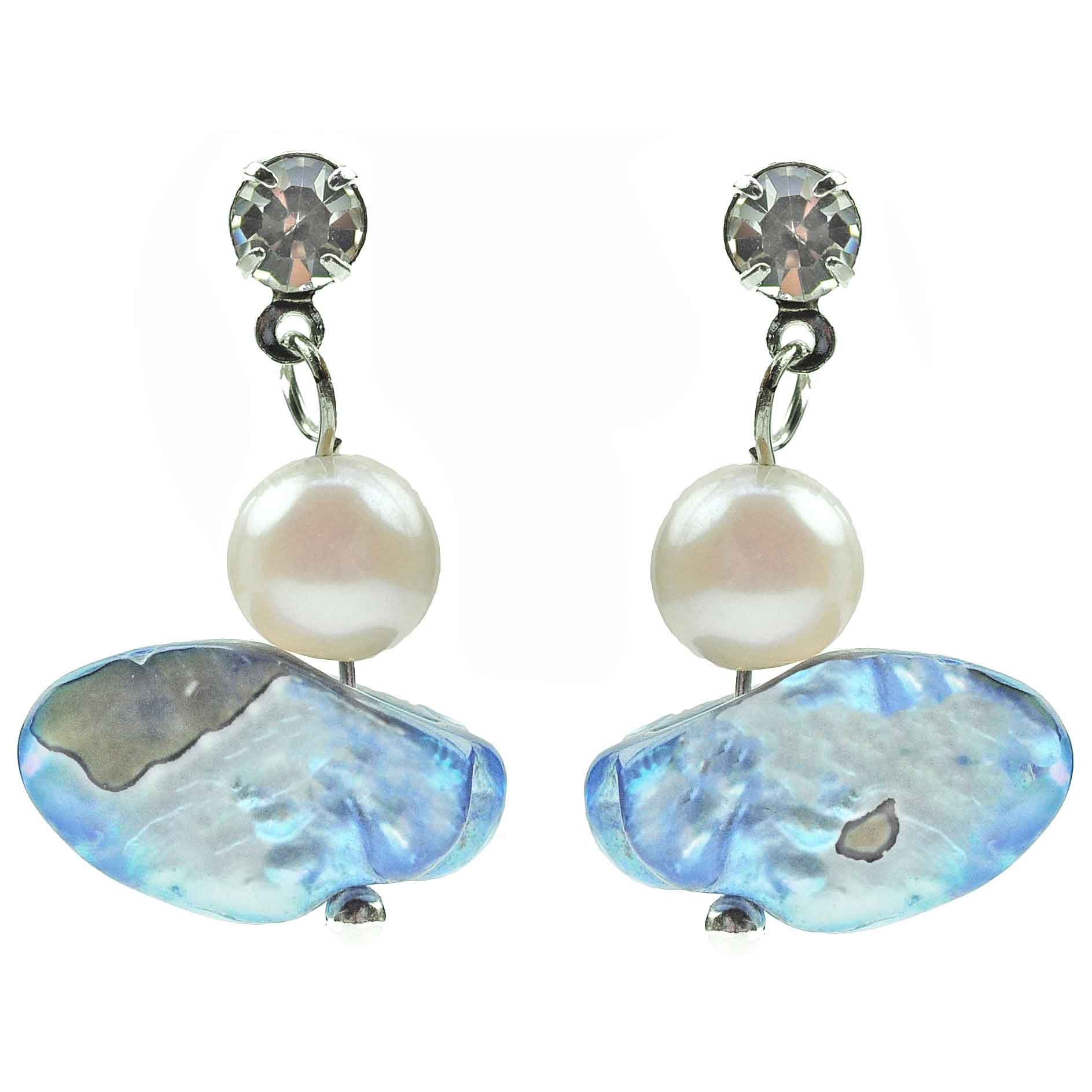 Zoetwater parel oorbellen met witte en blauwe parelS en stras steentje | Bling Blue Wing Pearl