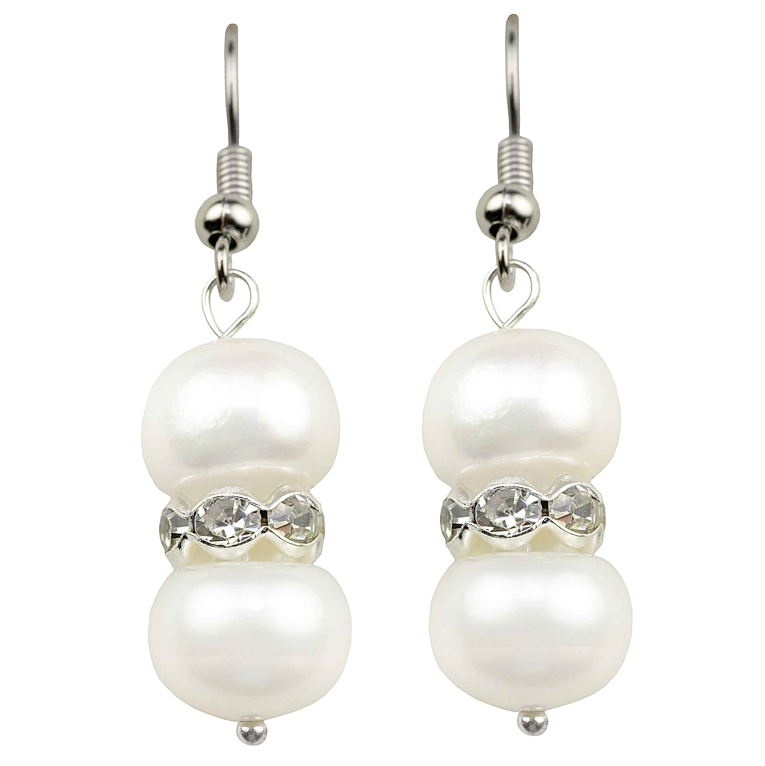 Witte zoetwater parel oorbellen met stras stenen en sterling zilver 925 | Bling Pearl