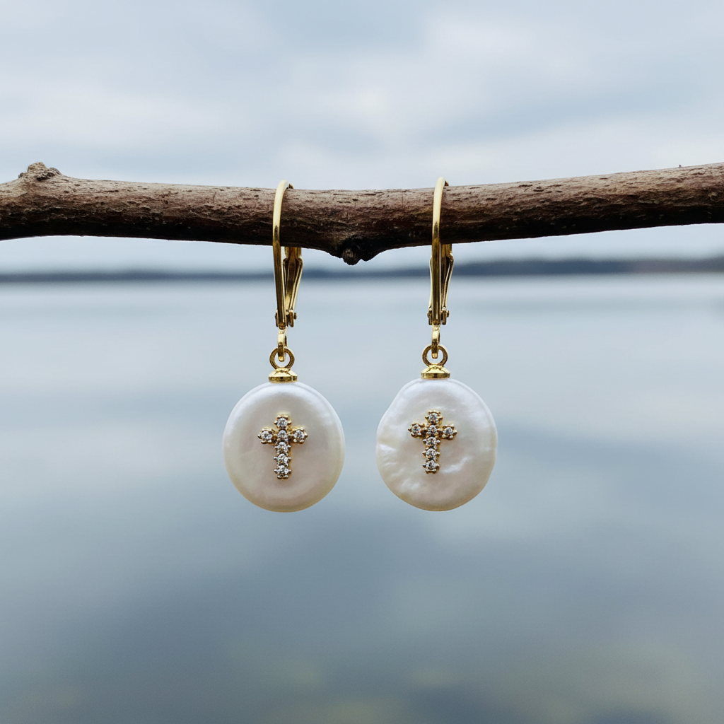 Witte zoetwater parel oorbellen met goud edelstaal en parel hanger is voorzien van stras steentjes in een kruis hangend aan takje | Coin Pearl Golden Cross