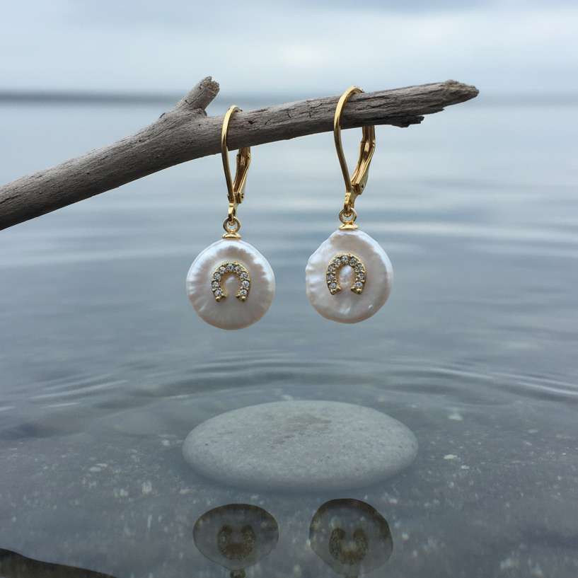 Witte zoetwater parel oorbellen met goud edelstaal en parel hanger is voorzien van stras steentjes in een hoefijzer hangend aan takje | Coin Pearl Good Luck