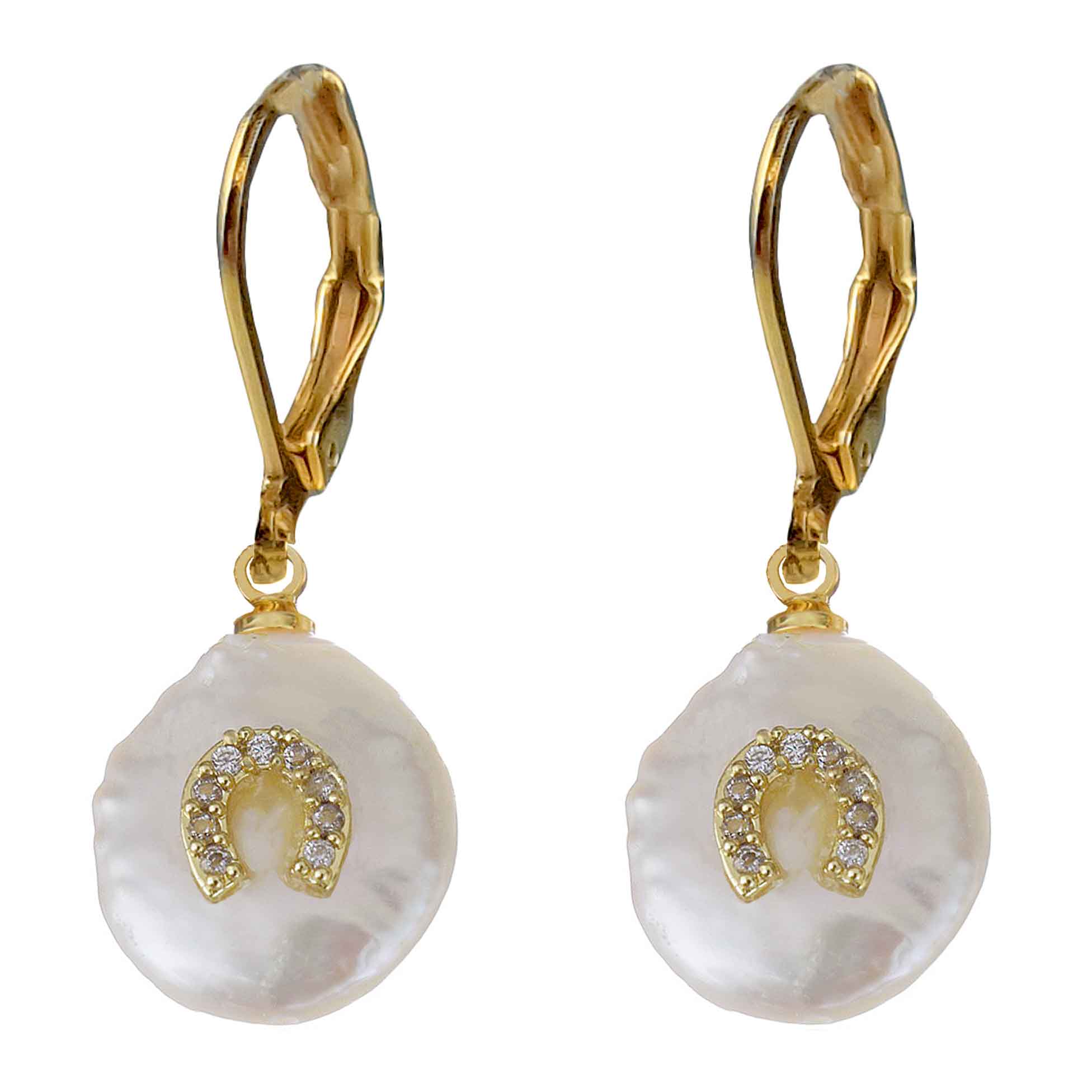 Witte zoetwater parel oorbellen met goud edelstaal en parel hanger is voorzien van stras steentjes in een hoefijzer | Coin Pearl Good Luck
