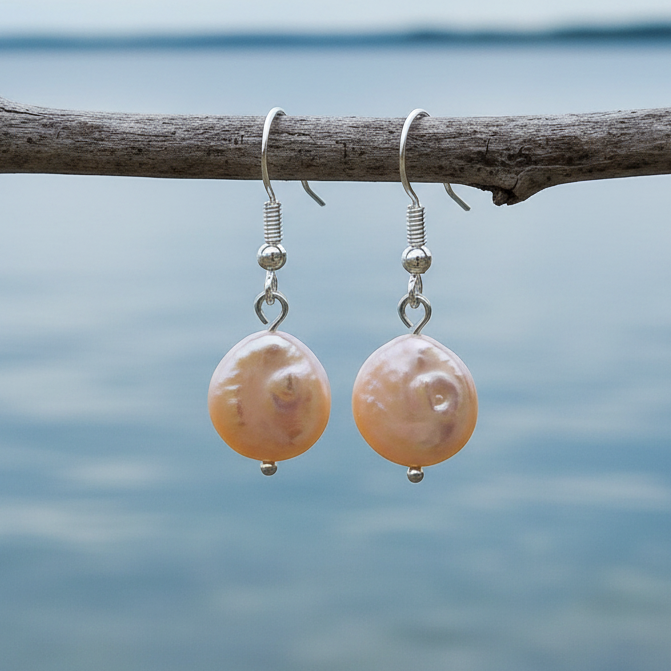 Zoetwater parel oorbellen met zalm kleurige parels en sterling zilver (925) hangend aan takje | Colly Peach