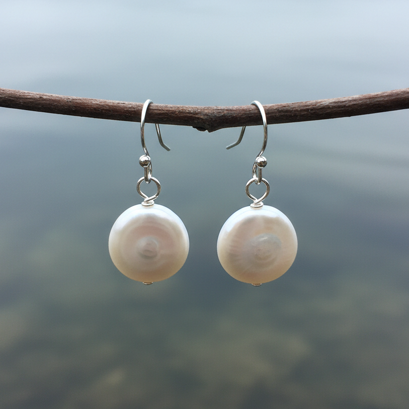 Zilveren fish hook oorbellen met helemaal gladde witte barok parels aan takje