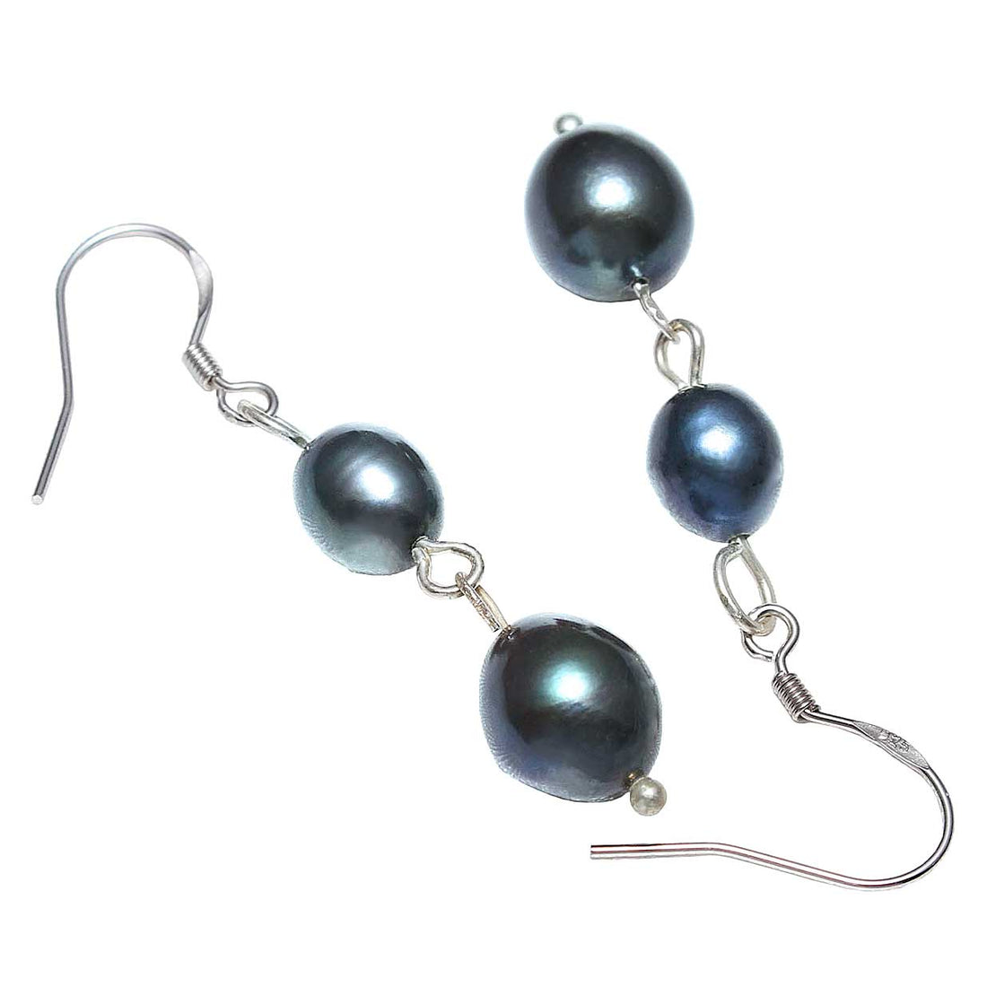 Zoetwater parel oorbellen met blauw zwarte parels en sterling zilver (925) voor en achteraanzicht | Dorian