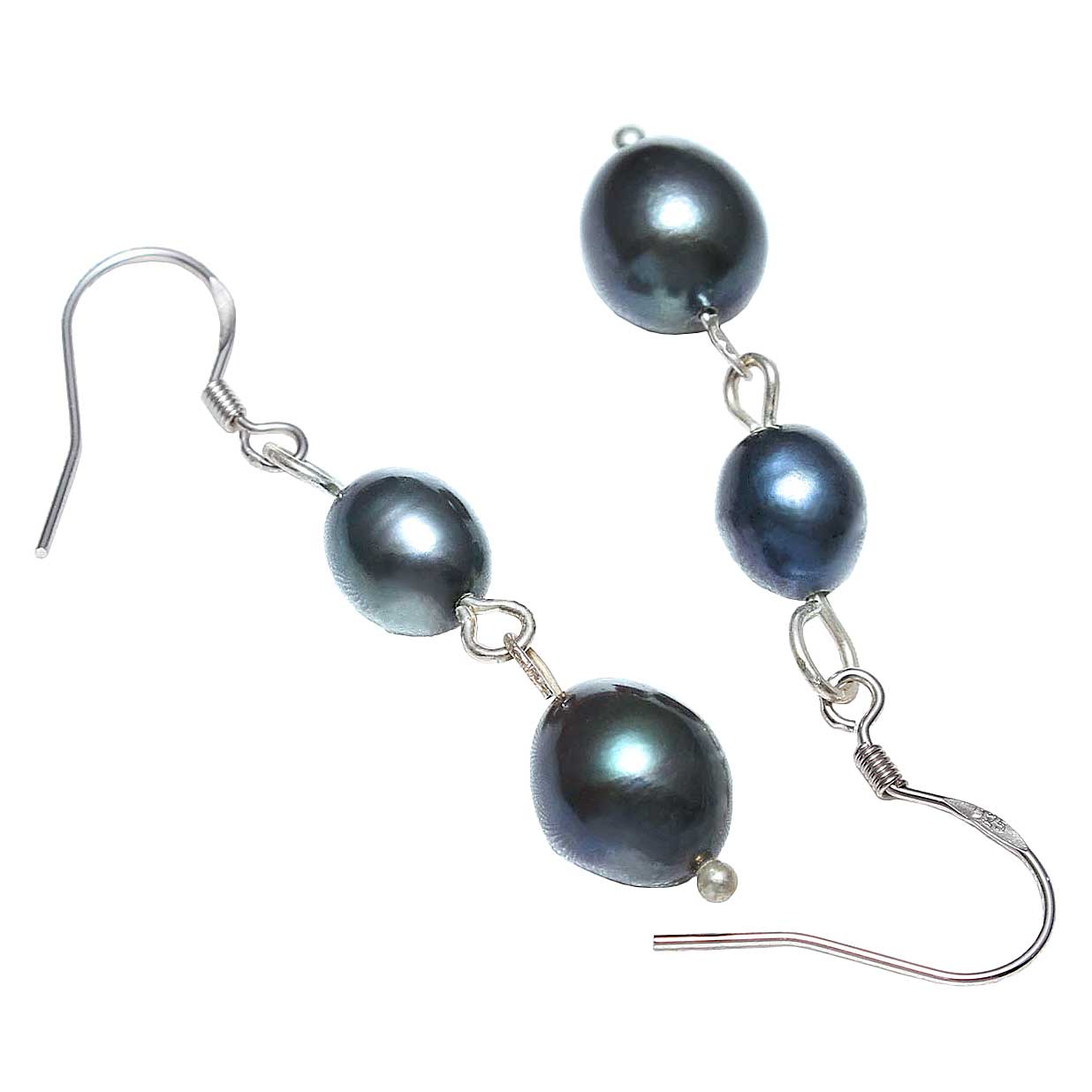 Zoetwater parel oorbellen met blauw zwarte parels en sterling zilver (925) voor en achteraanzicht | Dorian