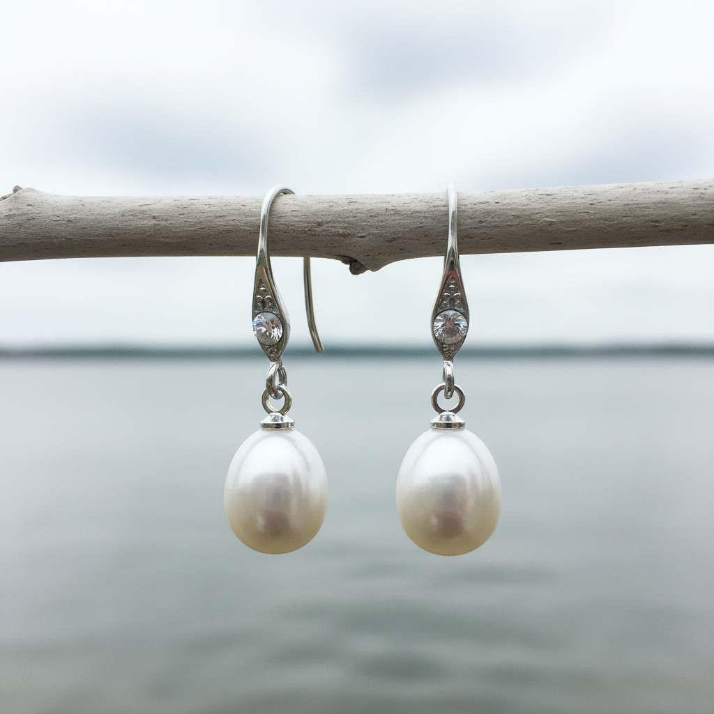Witte zoetwater parel oorbellen met stras steentje hangend aan takje | Ely